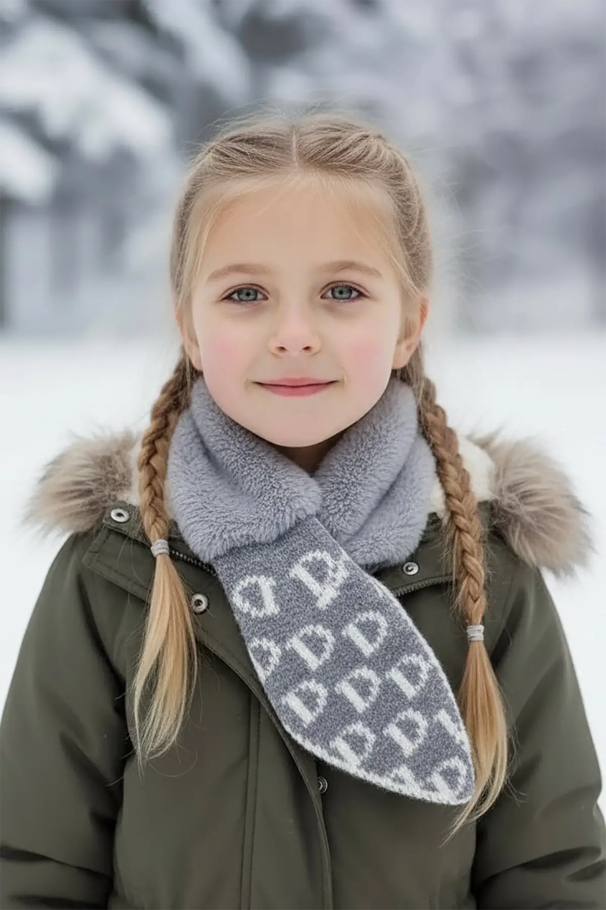 Gri Ve Beyaz Renk Çocuk Peluş Atkı