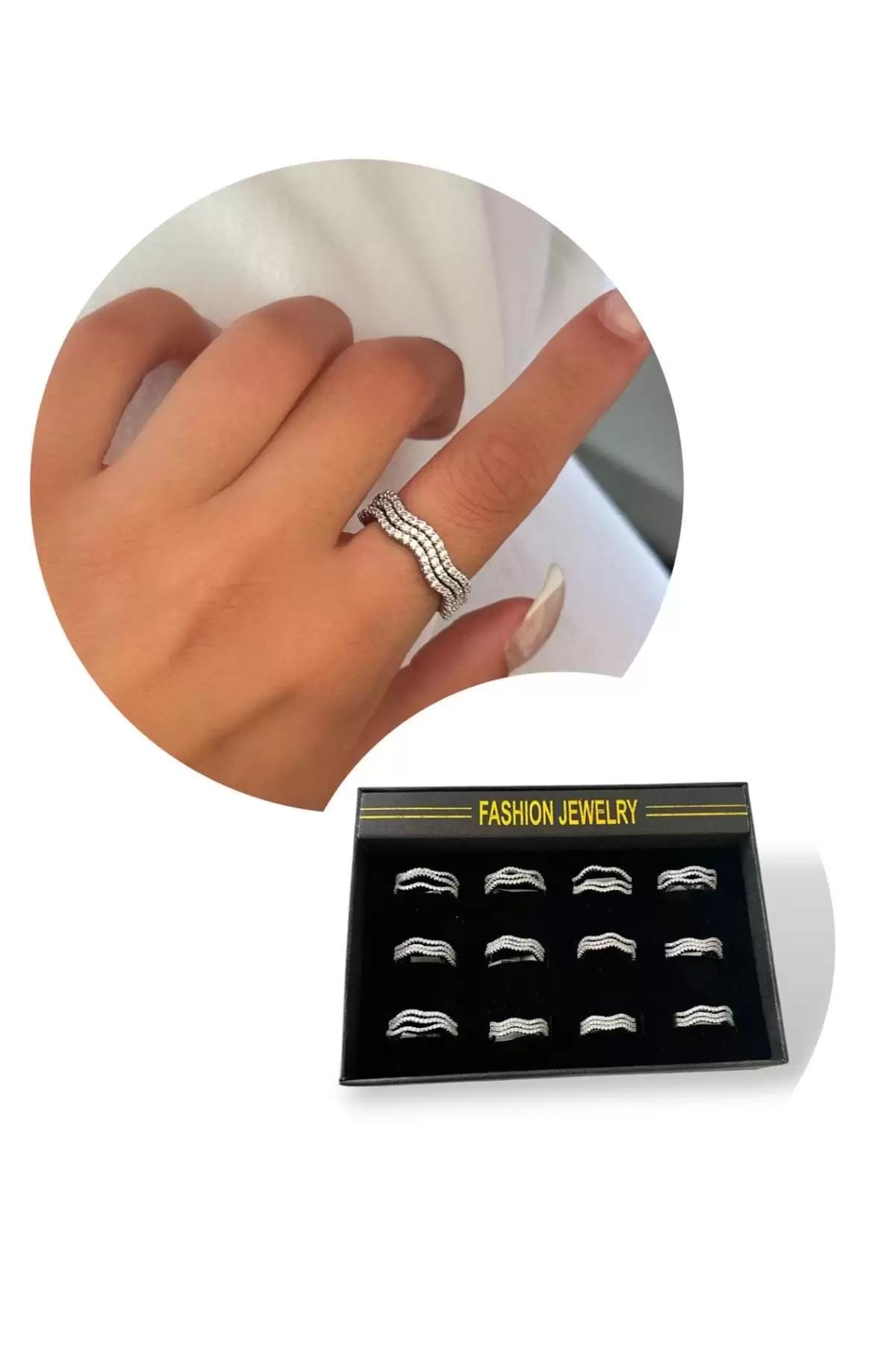 Gümüş Renk 12li Taş Detaylı Yüzük Set