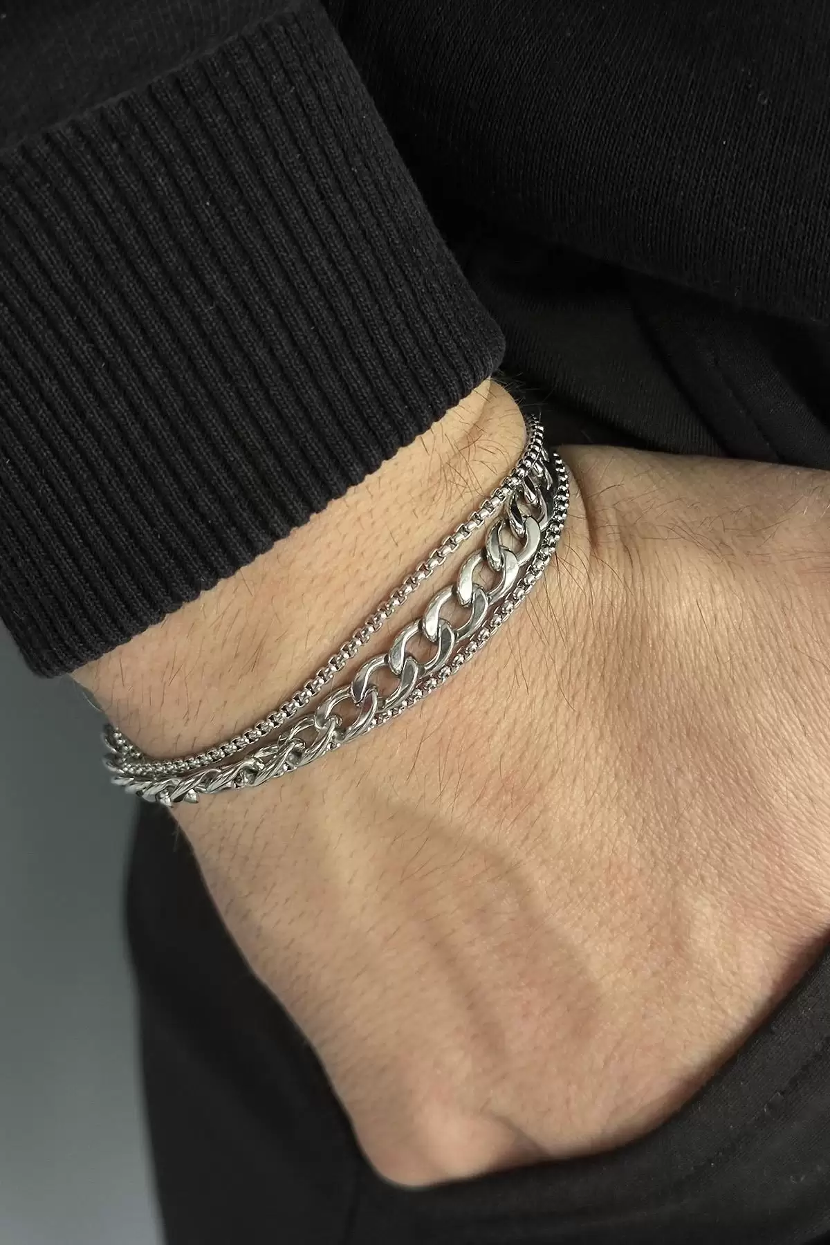 Gümüş Renk 3lü Zincir Detaylı Çelik Erkek Bileklik