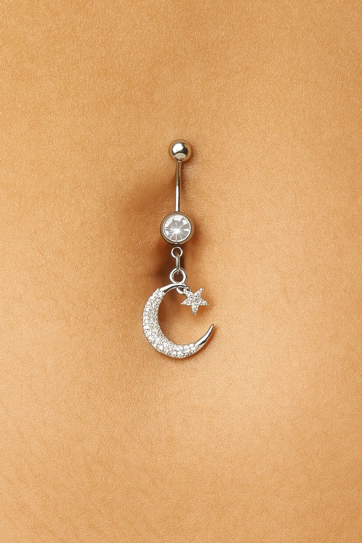Gümüş Renk Ay Ve Yıldız Figürlü Taş Detaylı Cerrahi Çelik Göbek Piercing
