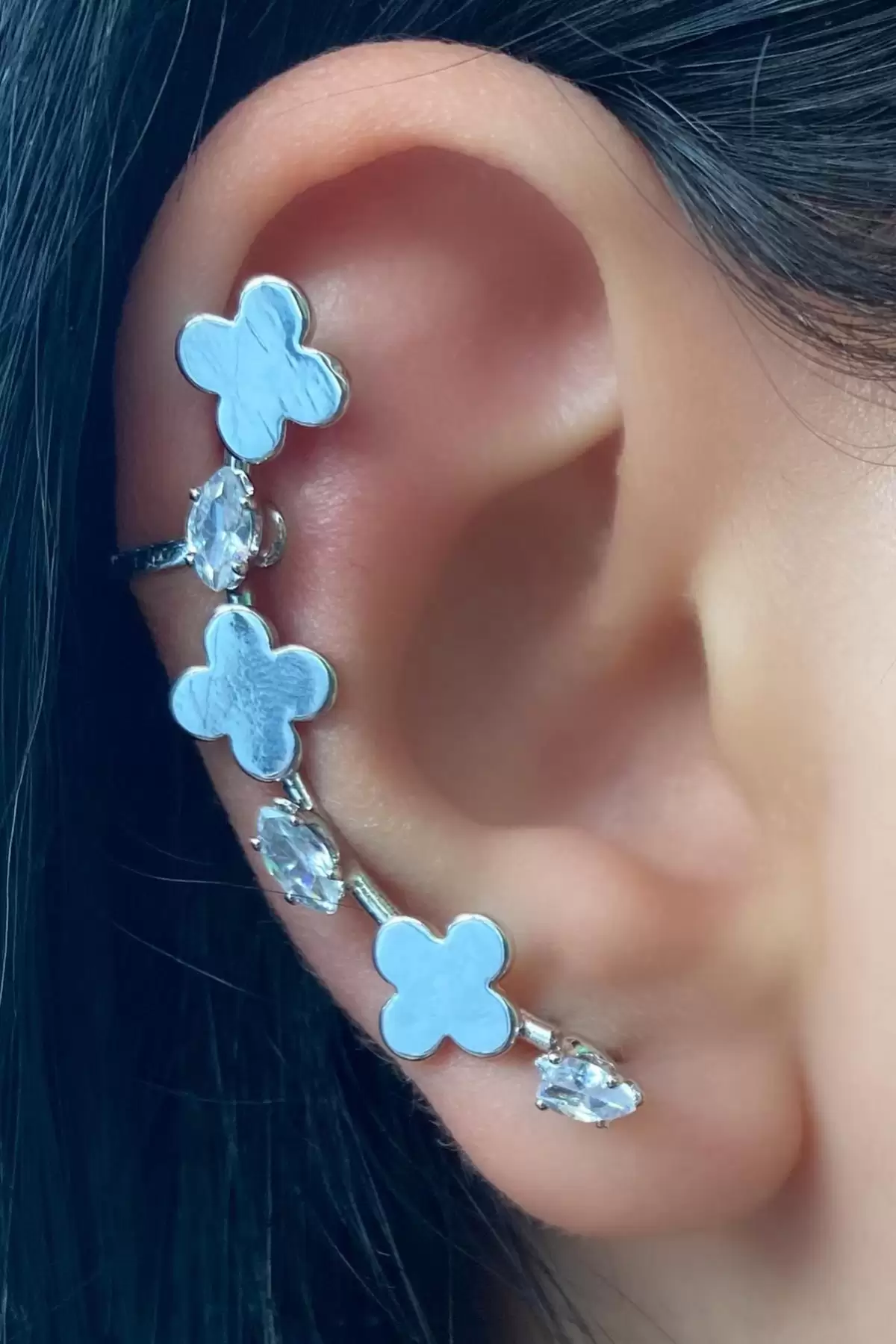 Gümüş Renk Çiçek Figürlü Ear Cuff Küpe (Çift)