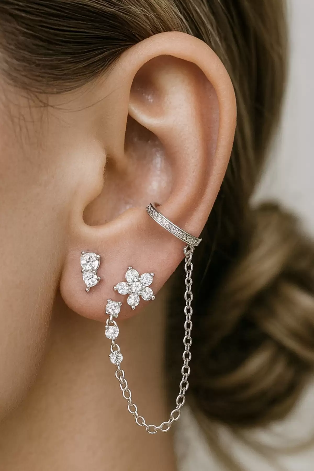 Gümüş Renk Çiçek Figürlü İkili Ear Cuff Küpe Set