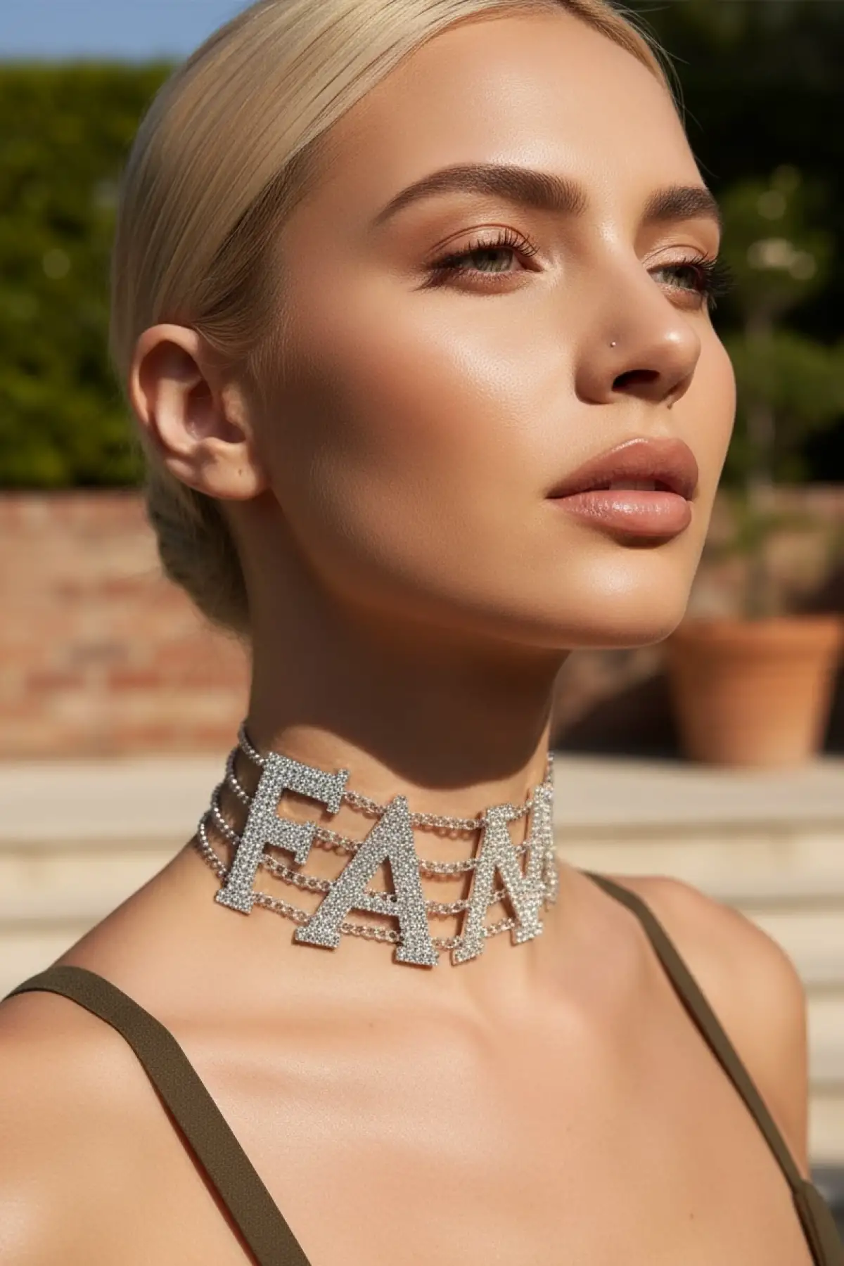 Gümüş Renk FAN Yazılı Taş Detaylı Choker Kolye
