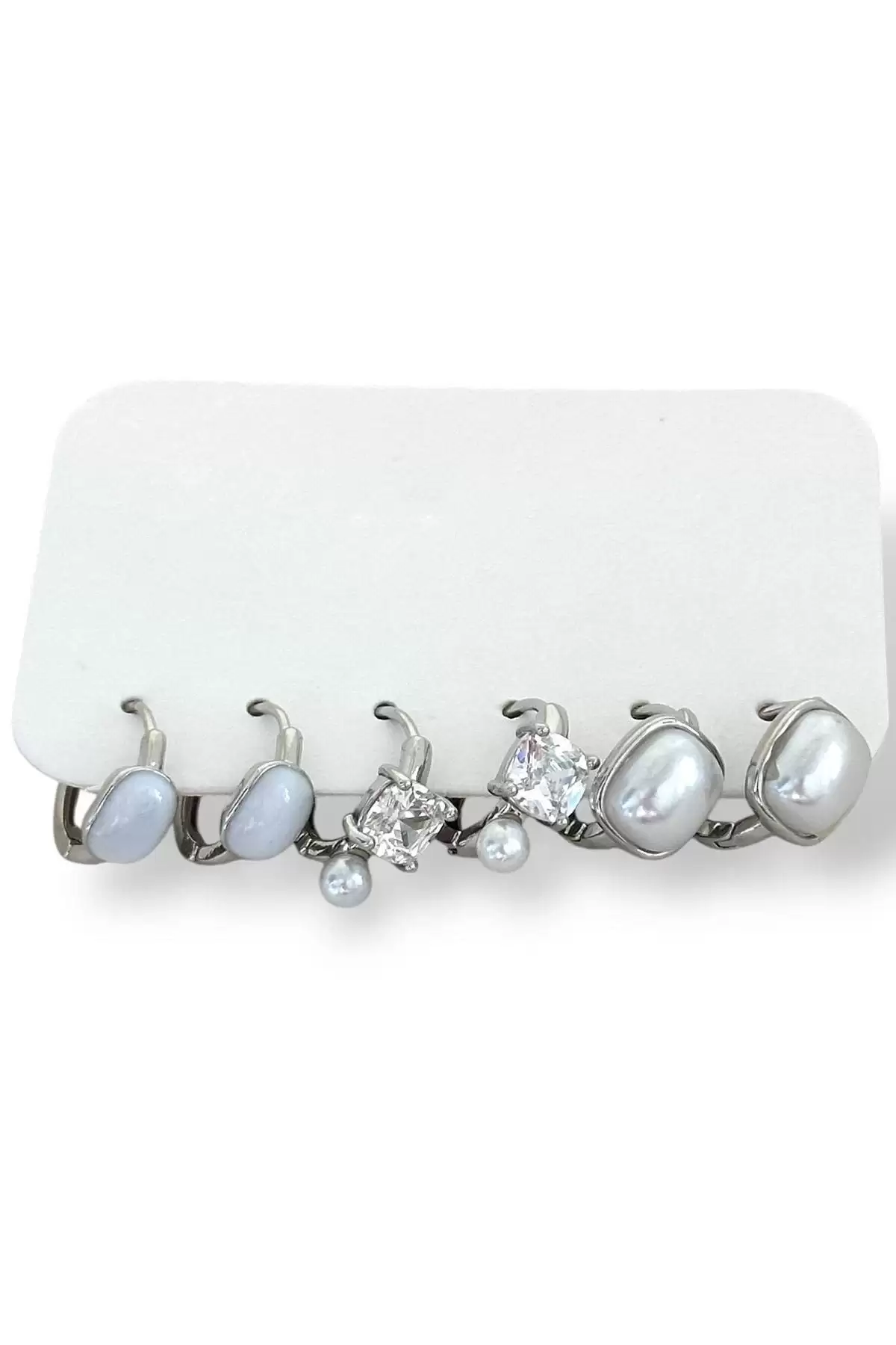 Gümüş Renk İnci Detaylı 6lı Küpe Set
