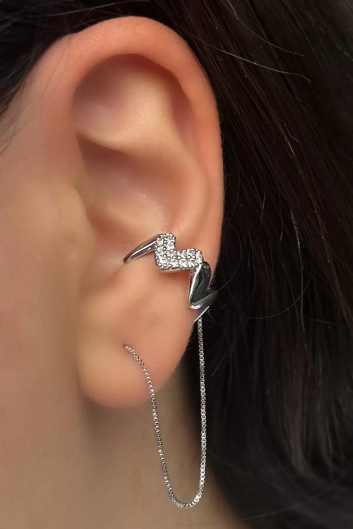 Gümüş Renk Kalp Figürlü Ear Cuff (Tek)