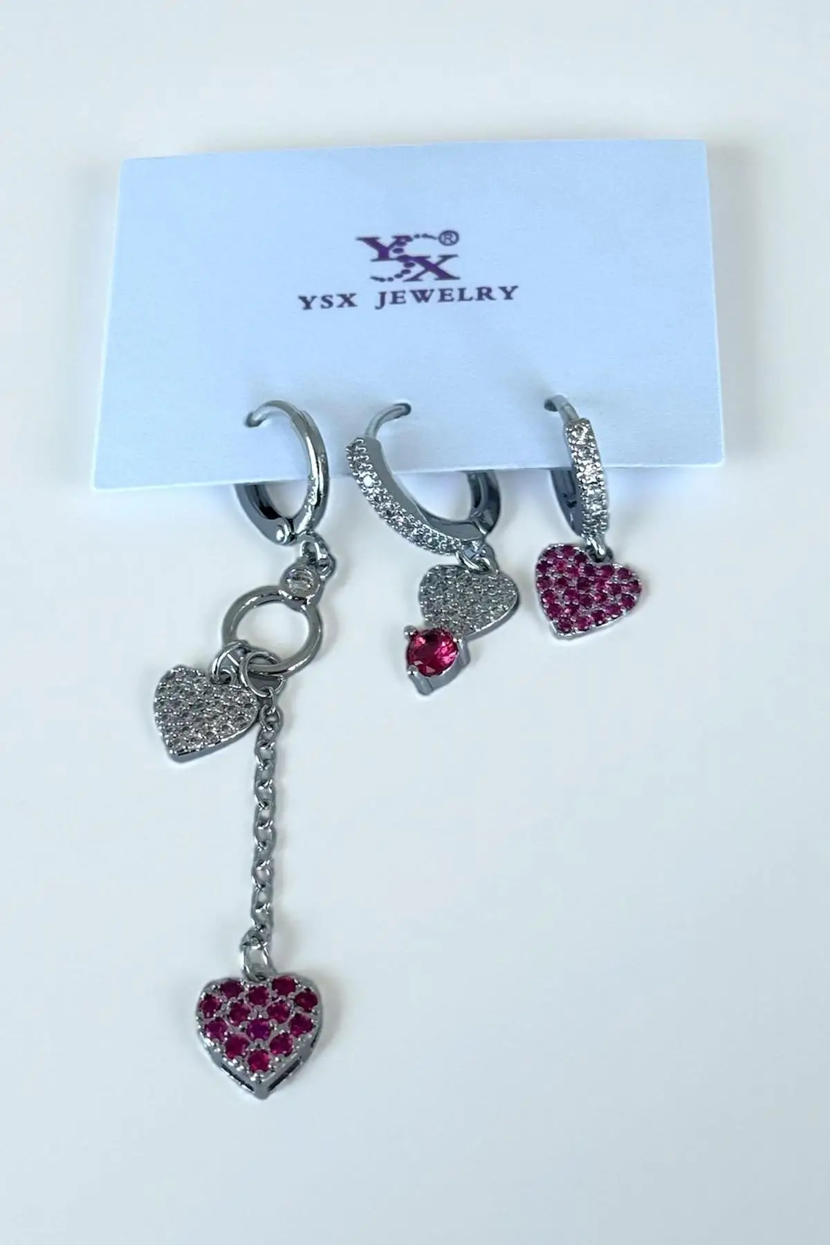 Gümüş Renk Kalp Figürlü Taş Detaylı 6lı YSX Küpe Set