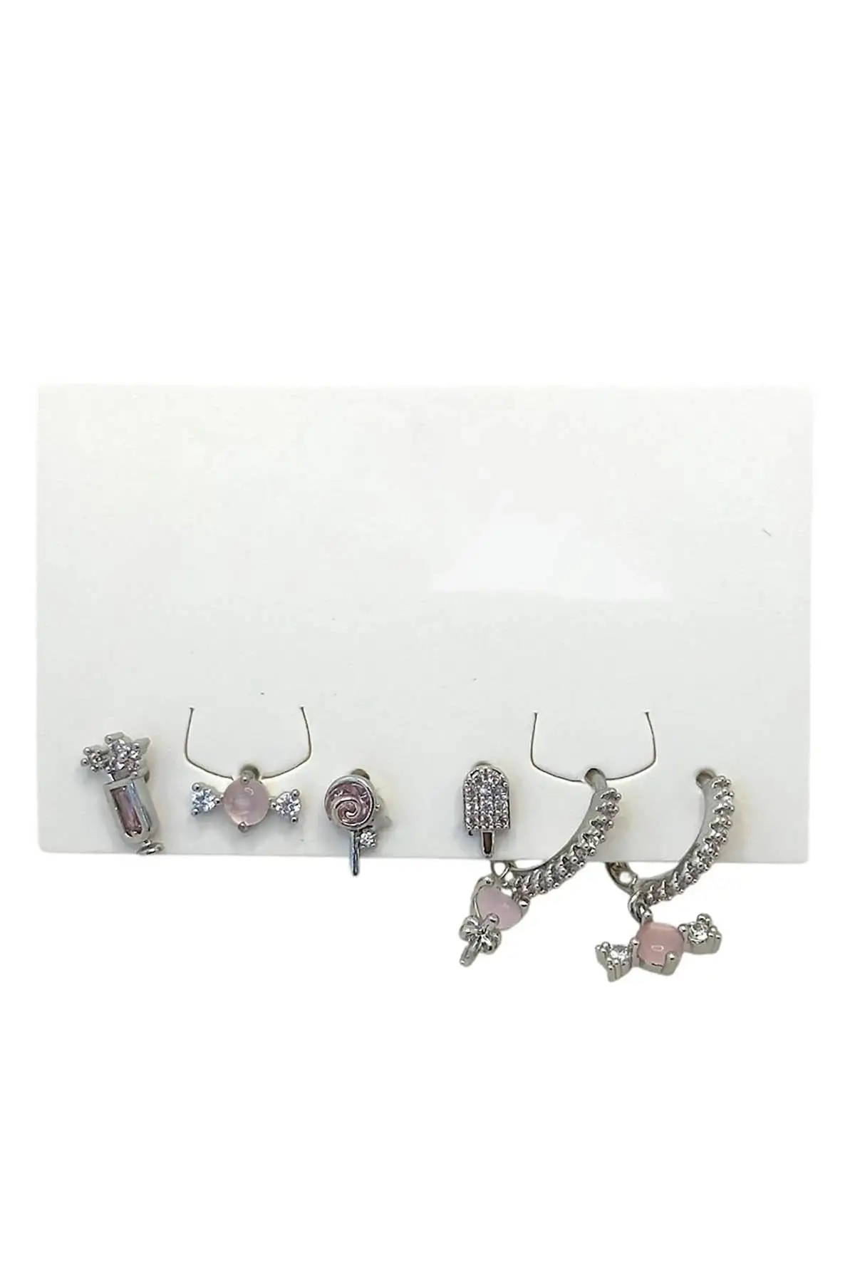 Gümüş Renk Karışık Figürlü Taş Detaylı 6lı Küpe Set