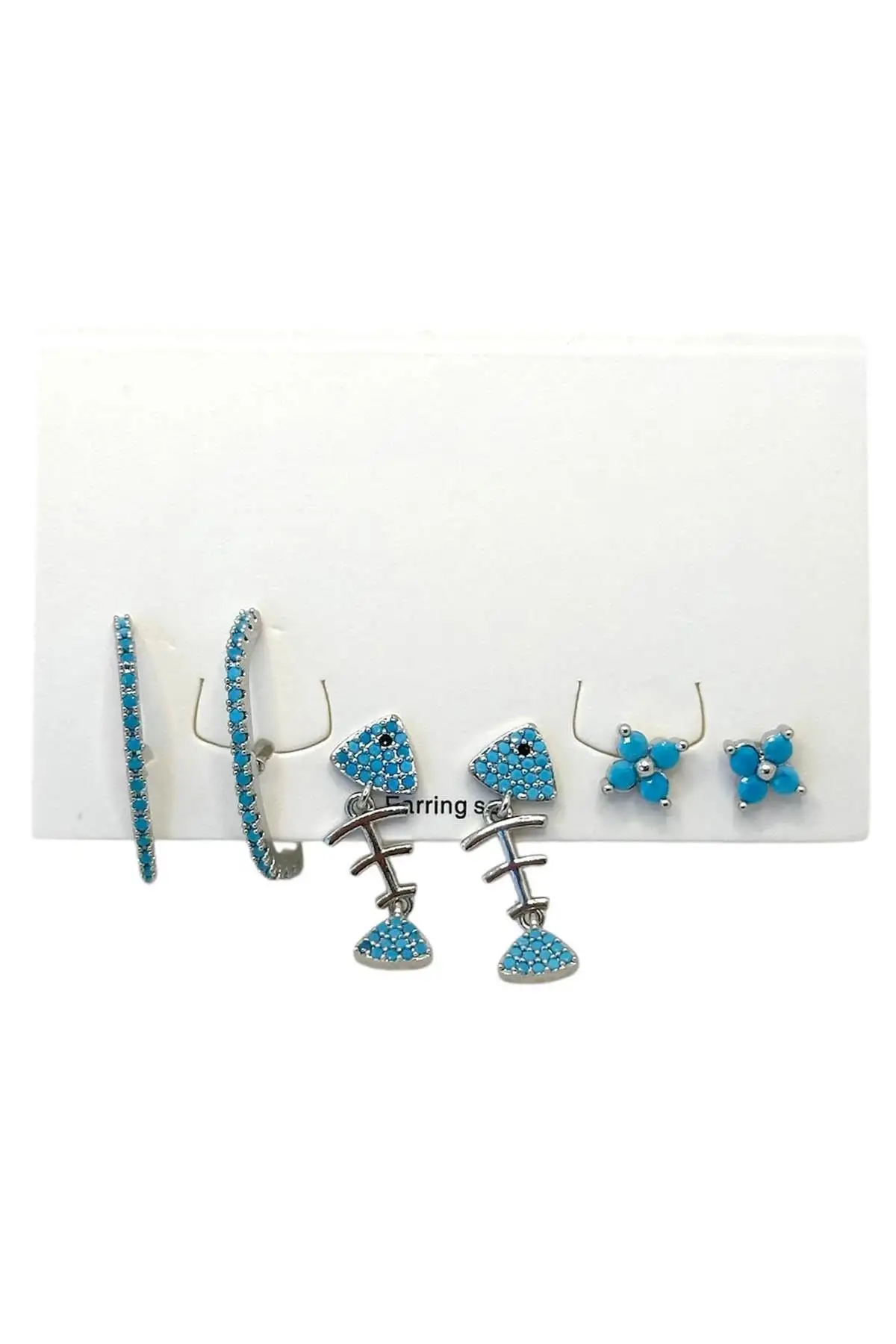 Gümüş Renk Karışık Figürlü Taş Detaylı 6lı Küpe Set