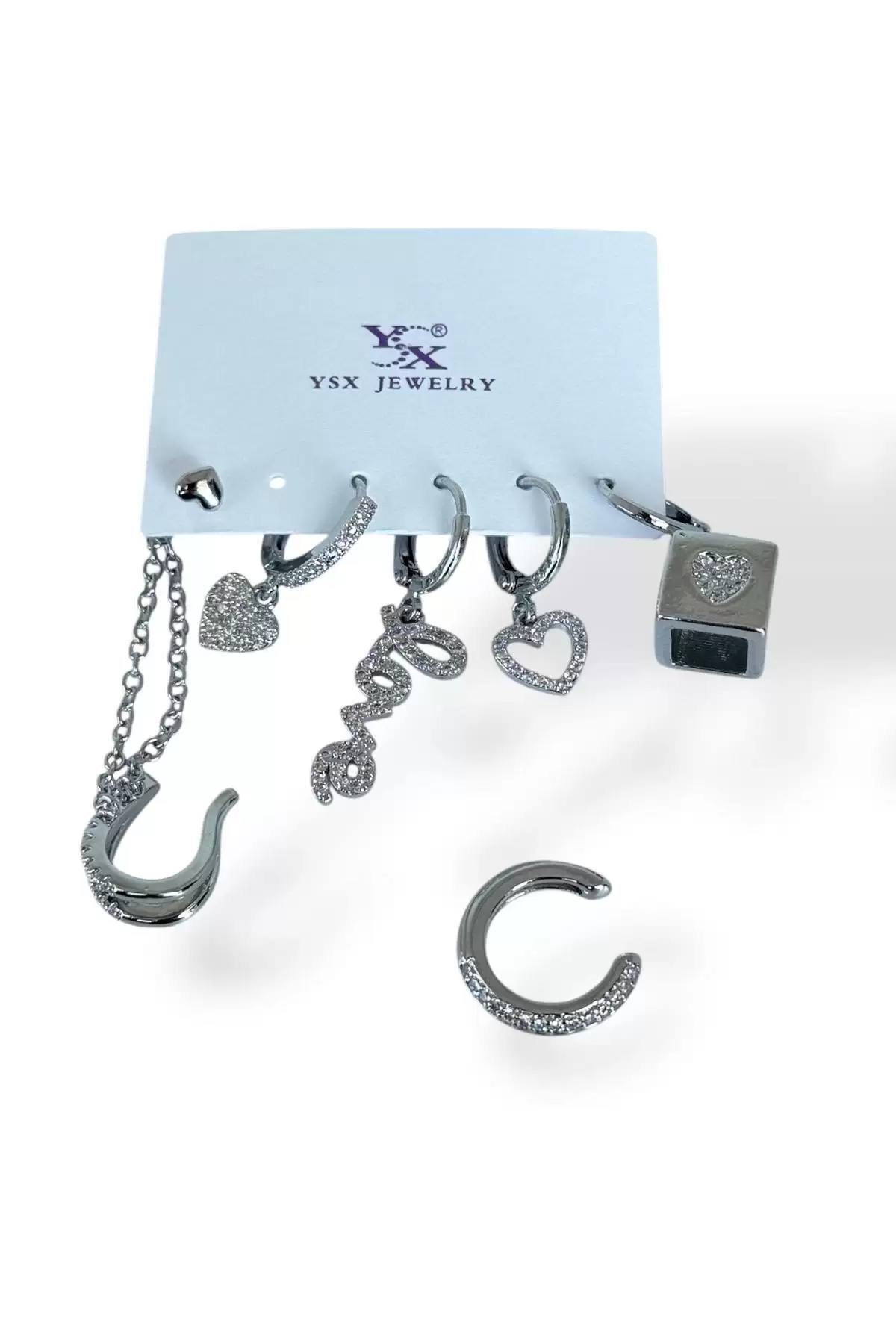 Gümüş Renk Karışık Figürlü Taş Detaylı 6lı YSX Küpe Set