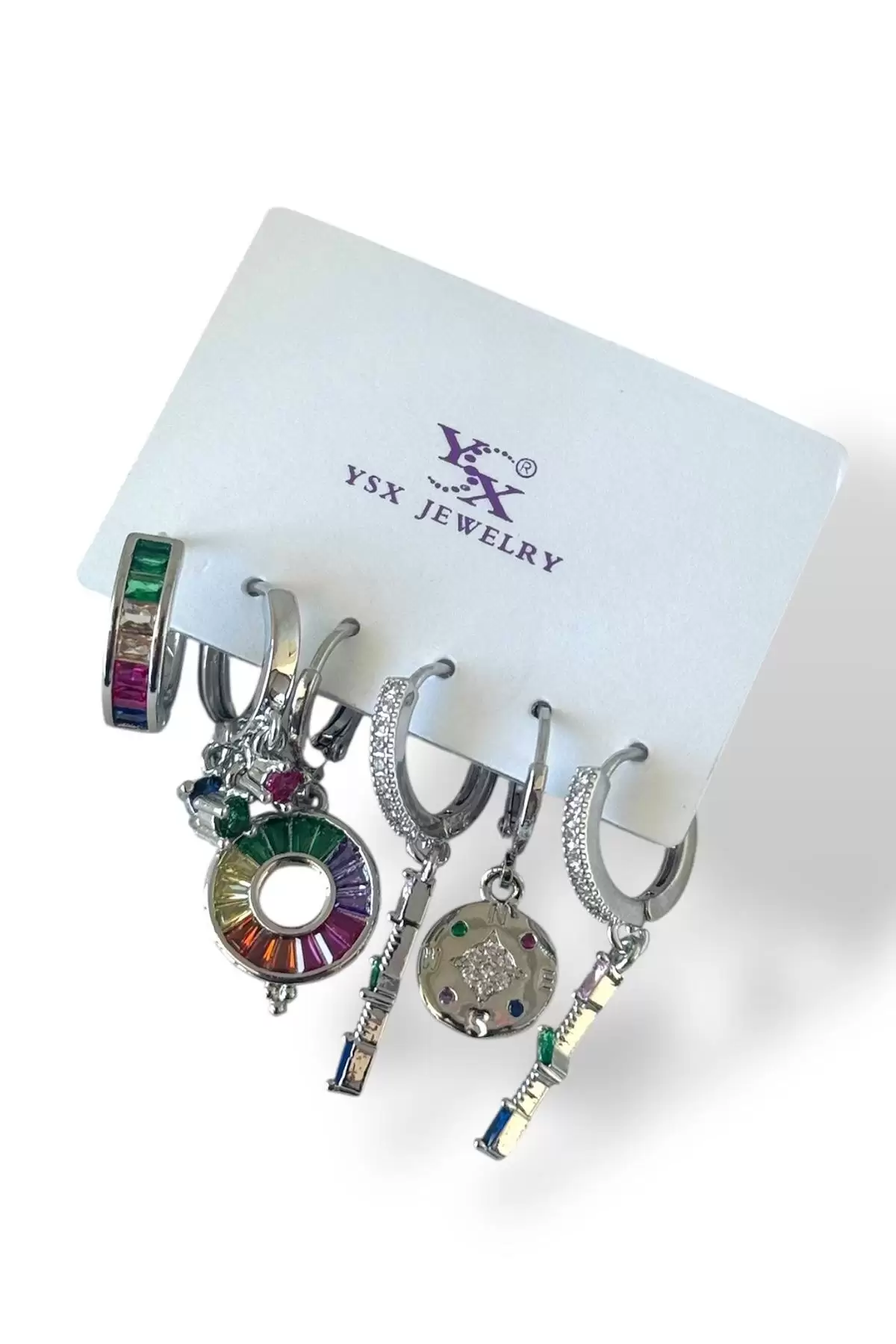 Gümüş Renk Karışık Figürlü Taş Detaylı 6lı YSX Küpe Set