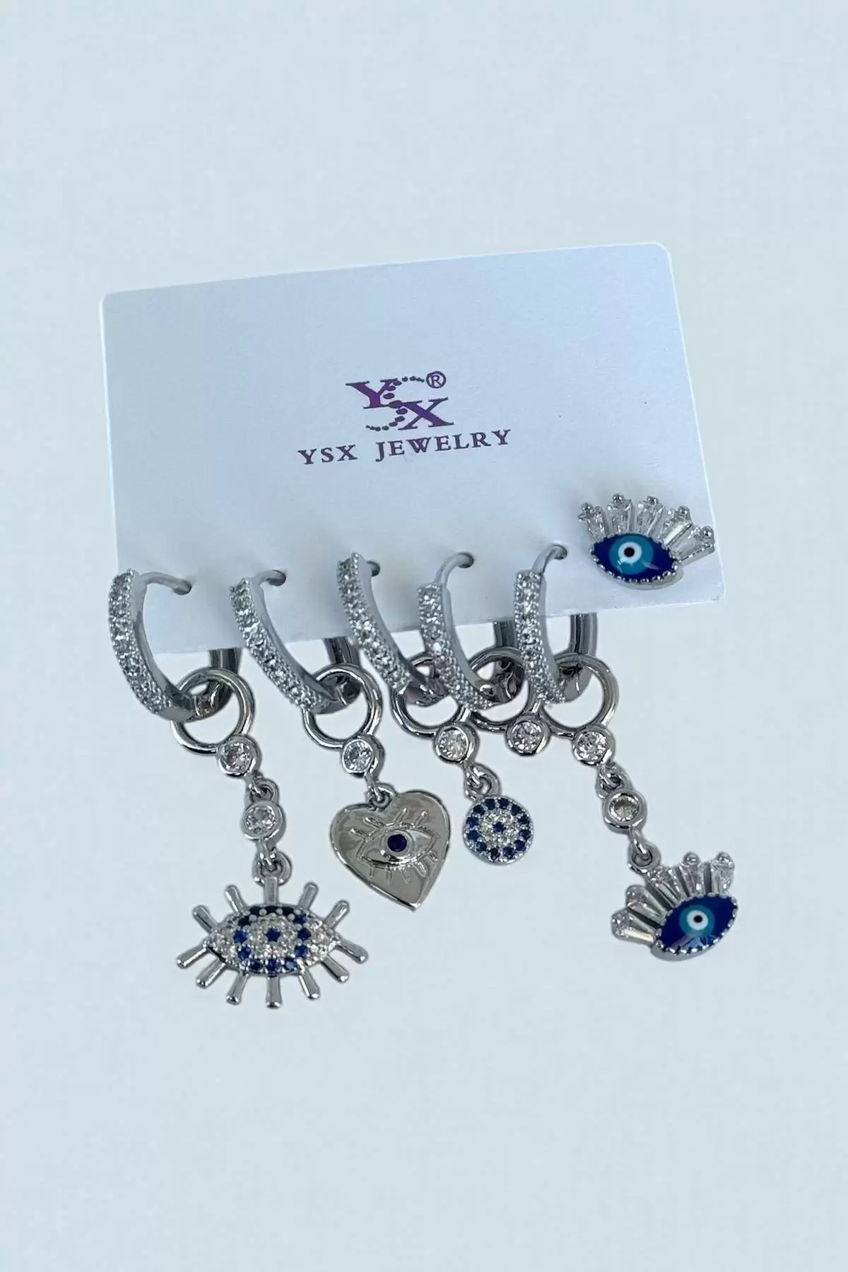 Gümüş Renk Karışık Figürlü Taş Detaylı 6lı YSX Küpe Set