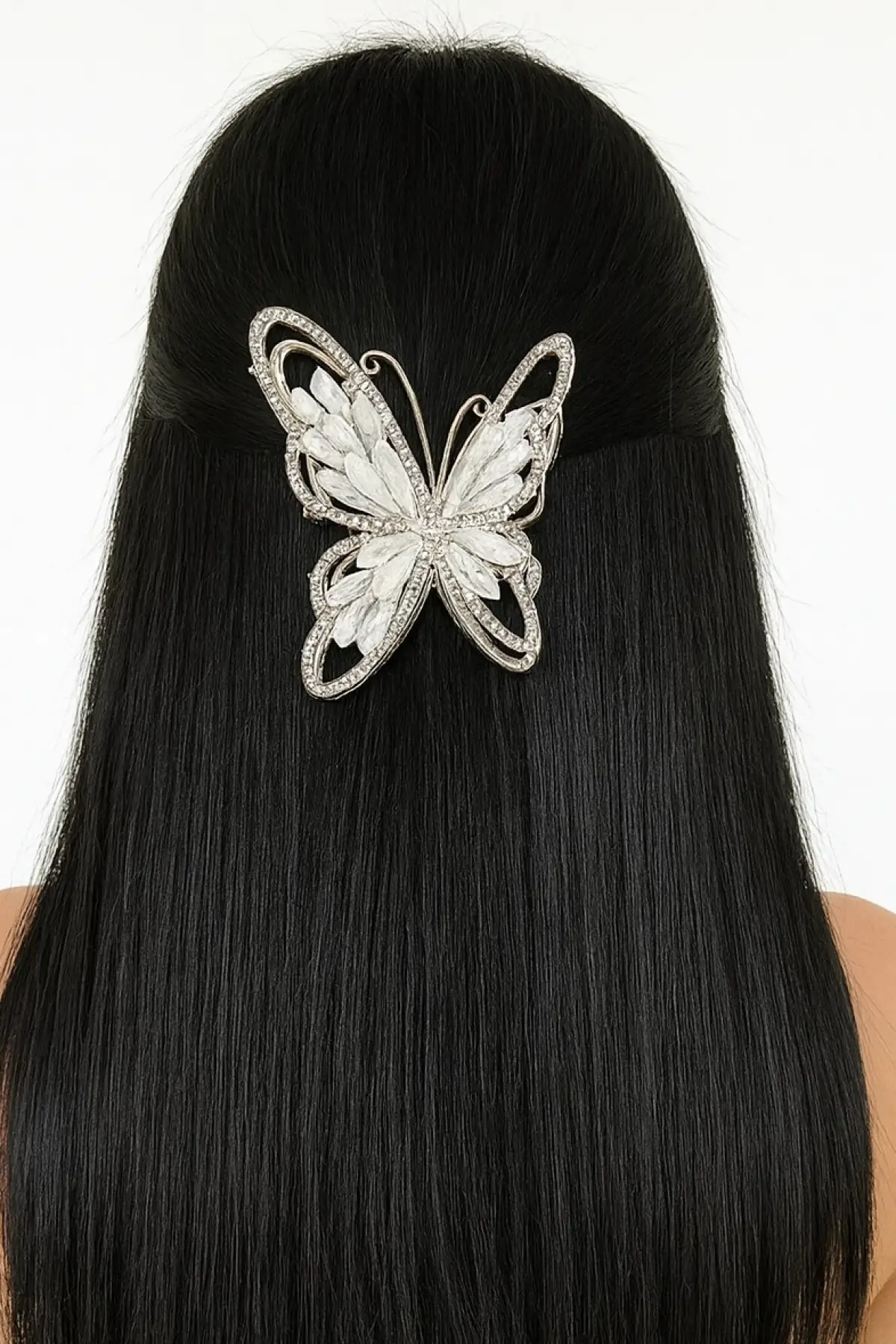 Gümüş Renk Kelebek Figürlü Taşlı Mandal Toka