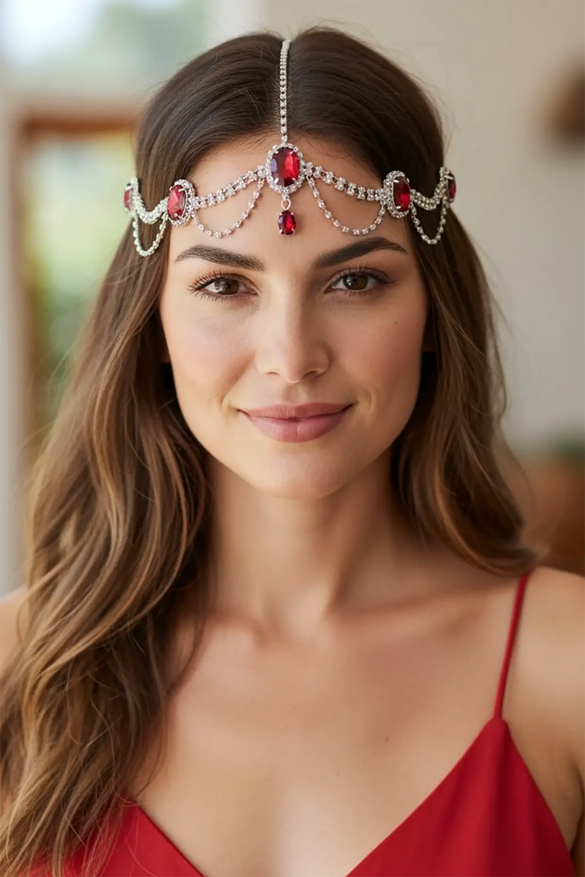 Gümüş Renk Kırmızı Taş Detaylı Alınlık/Kına Aksesuarı