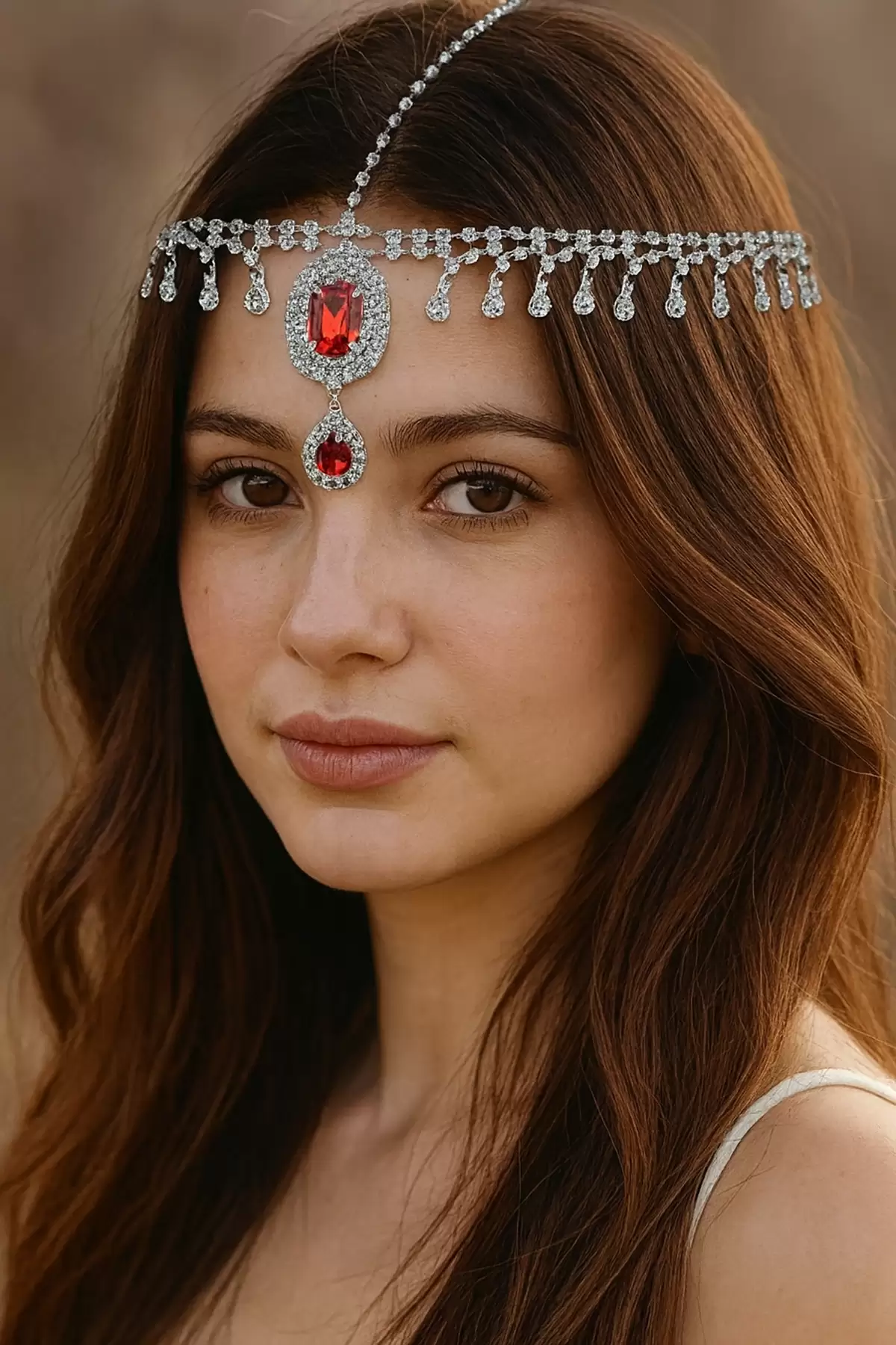 Gümüş Renk Kırmızı Taş Detaylı Alınlık/Kına Aksesuarı