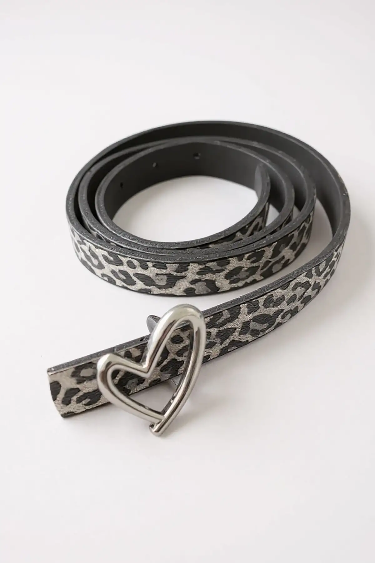 Gümüş Renk Leopar Desenli Kadın Deri Kemer