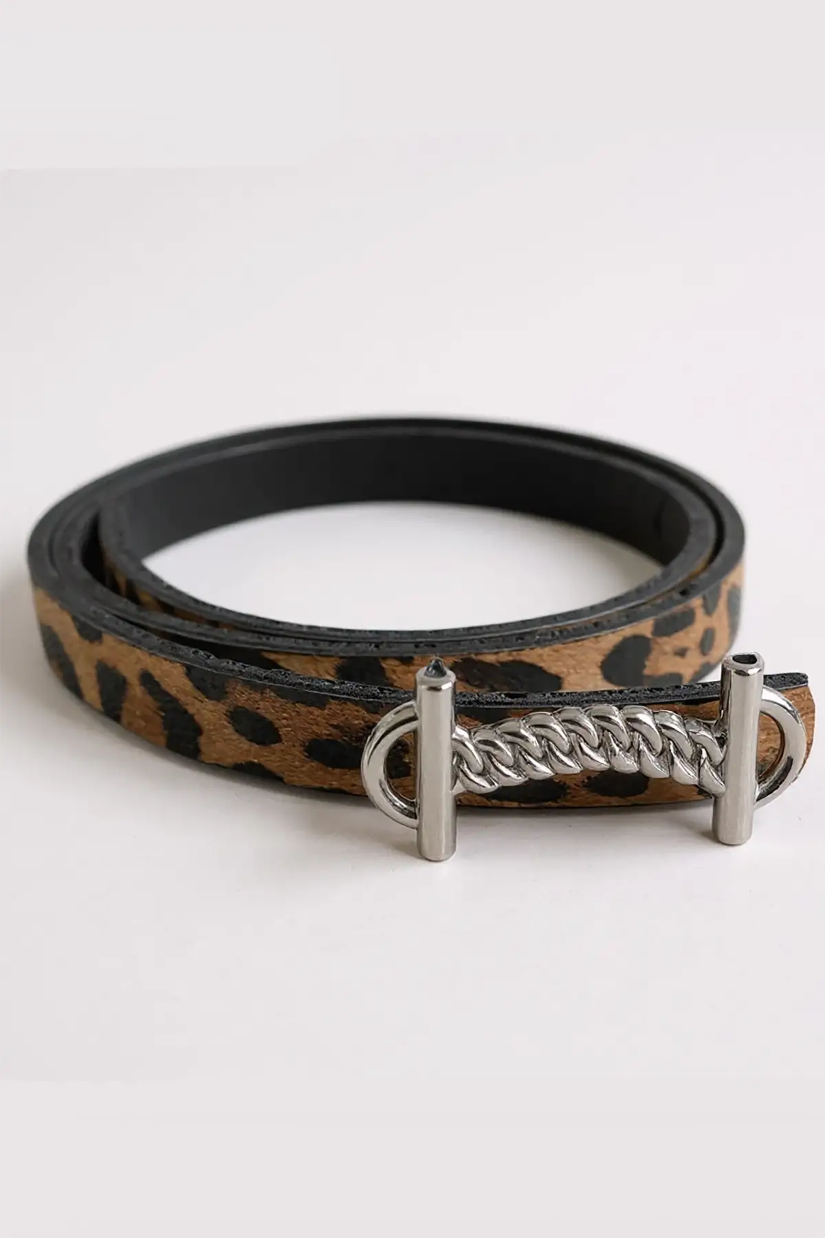 Gümüş Renk Leopar Desenli Kadın Deri Kemer
