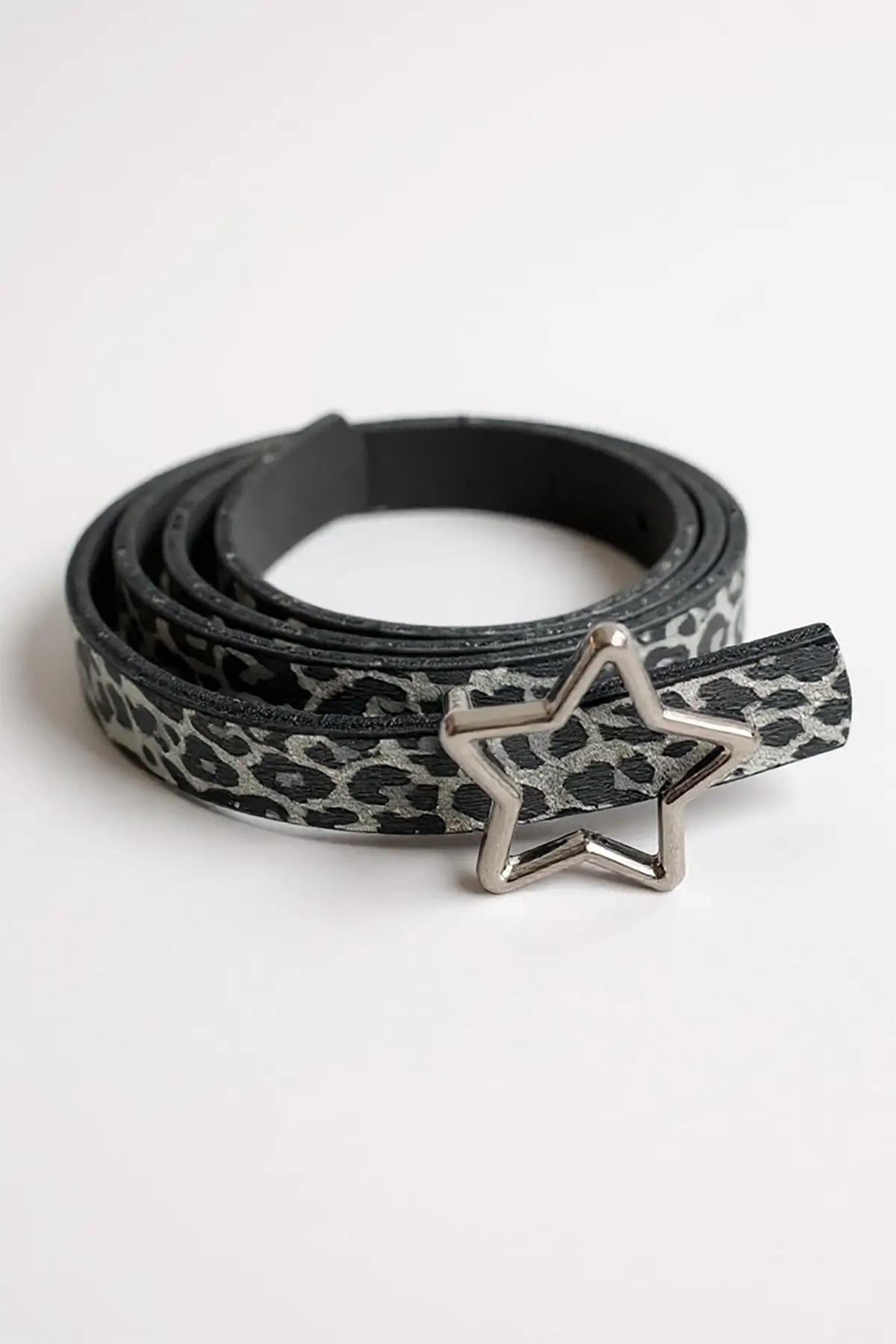 Gümüş Renk Leopar Desenli Kadın Deri Kemer