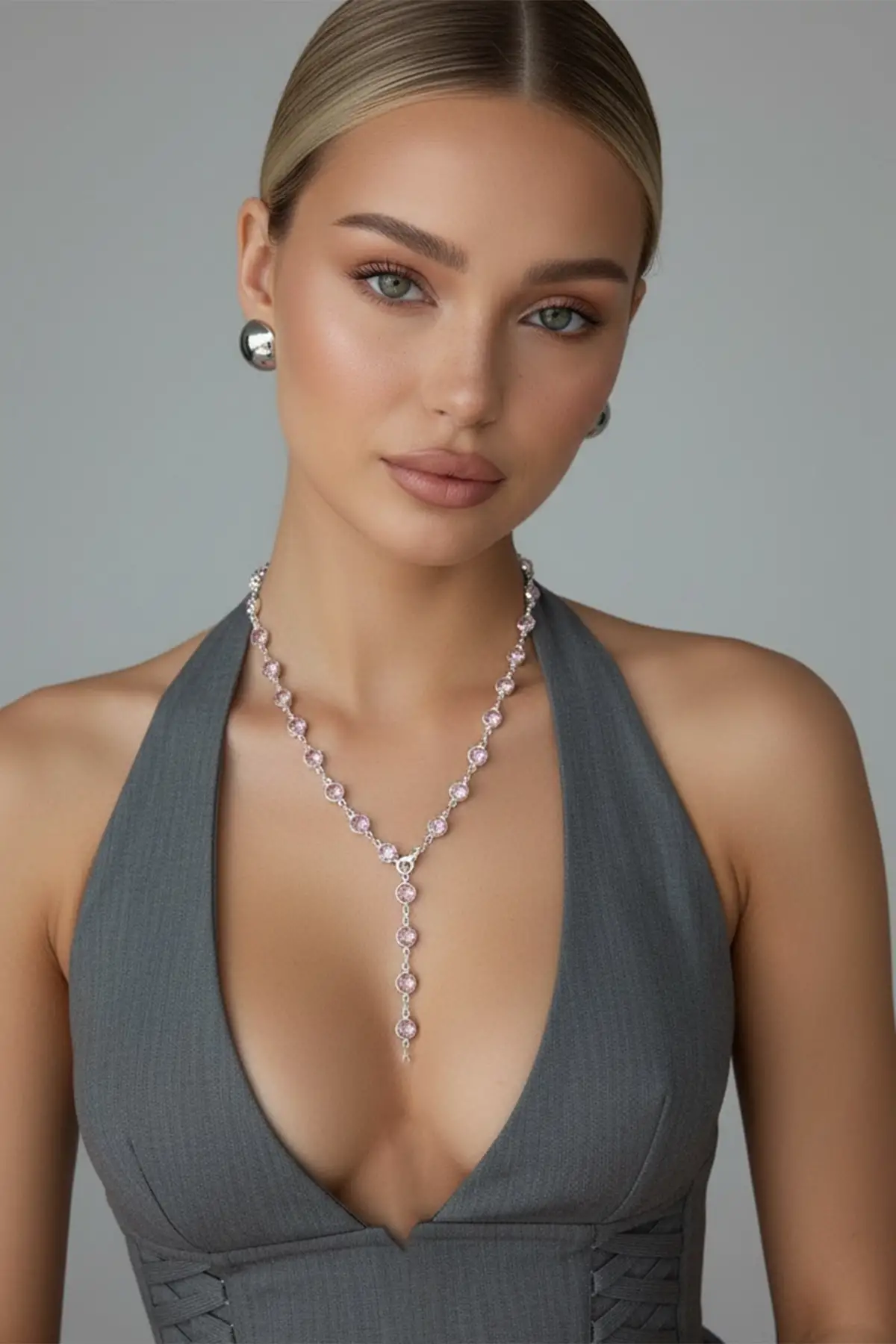 Gümüş Renk Lila Taşlı Çelik Y Kolye