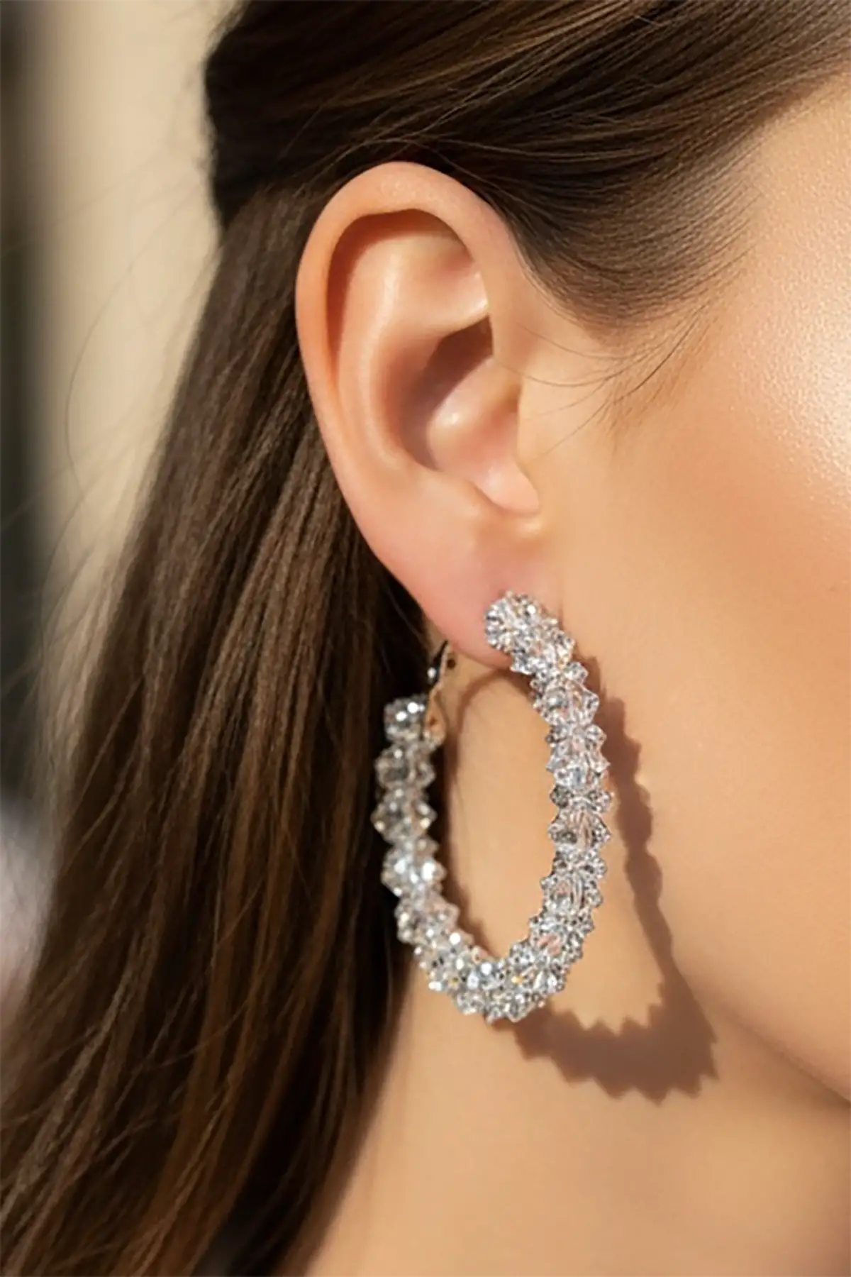 Gümüş Renk Taş Detaylı 14k Altın Kaplama Halka Küpe (Çift)