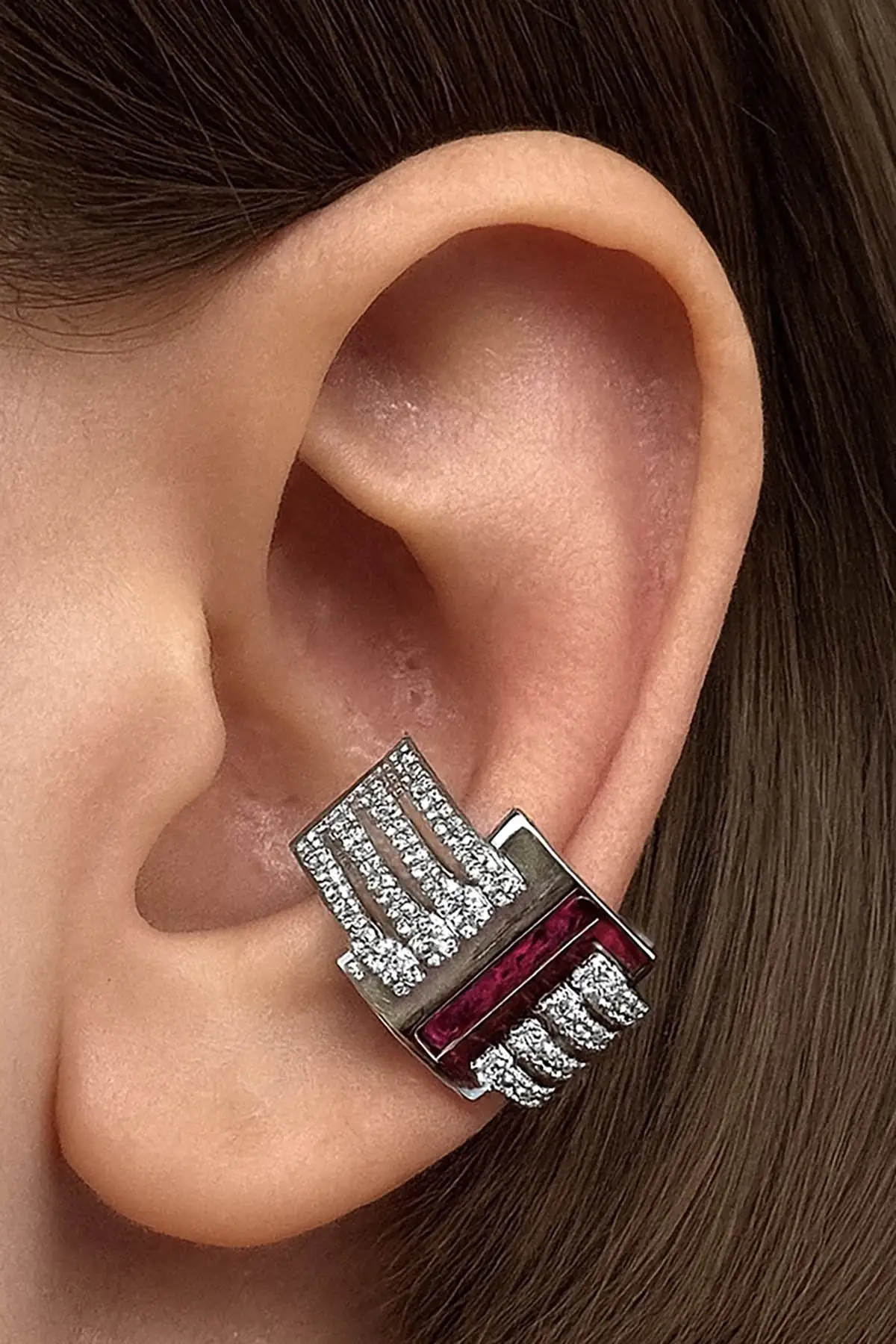 Gümüş Renk Taş Detaylı 14K Altın Kaplama TX Ear Cuff (Tek)
