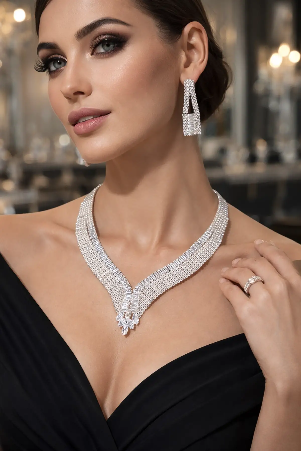 Gümüş Renk Taş Detaylı 4lü Abiye Set