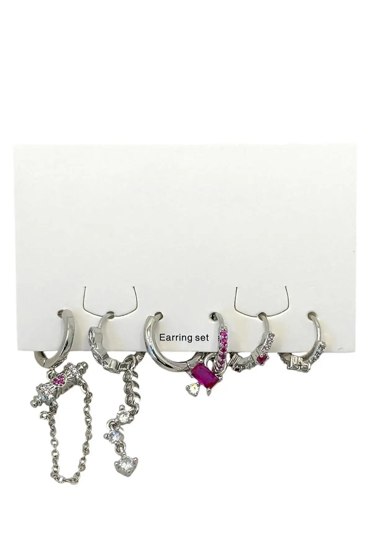Gümüş Renk Taş Detaylı 6lı Küpe Set