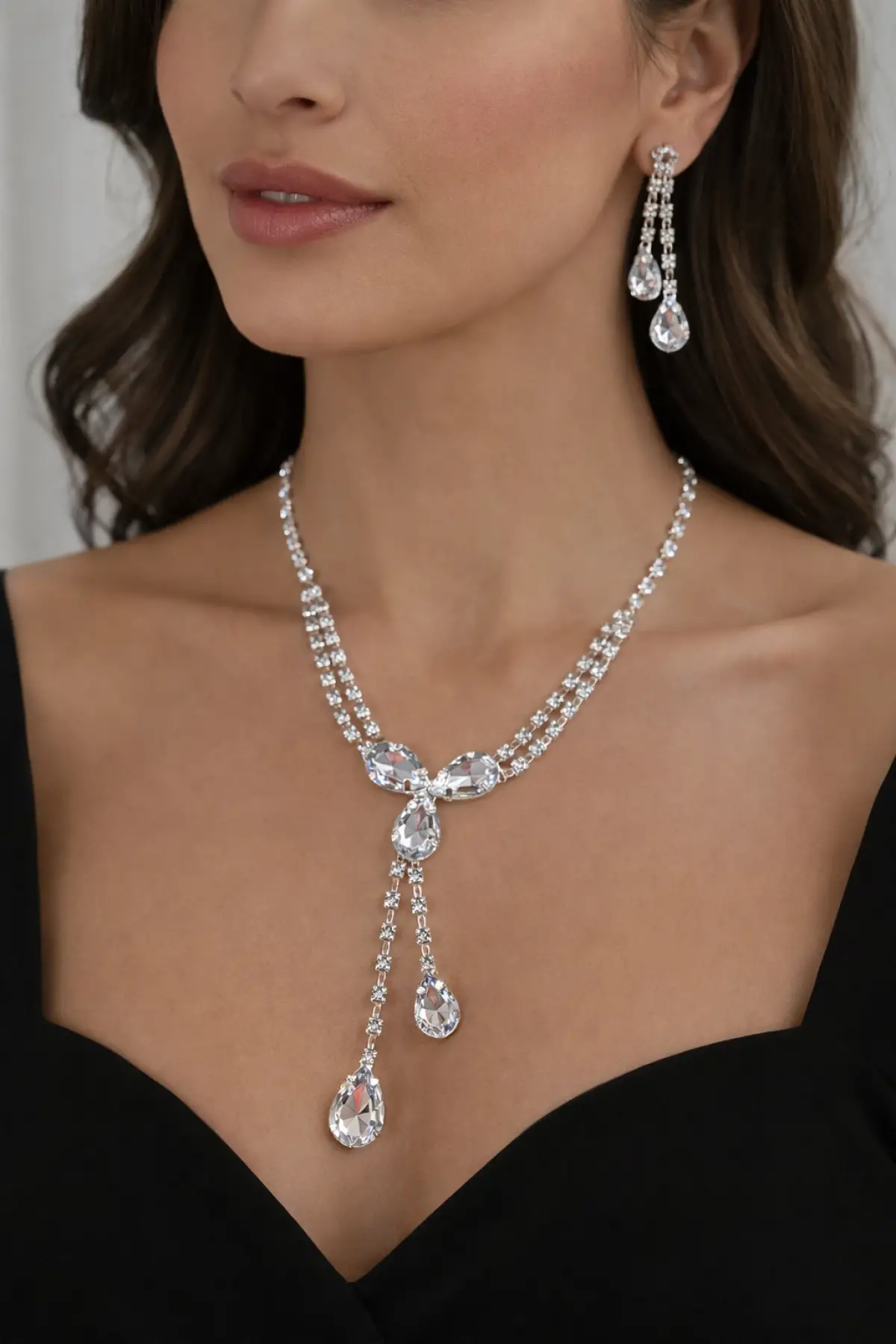 Gümüş Renk Taş Detaylı Abiye Set