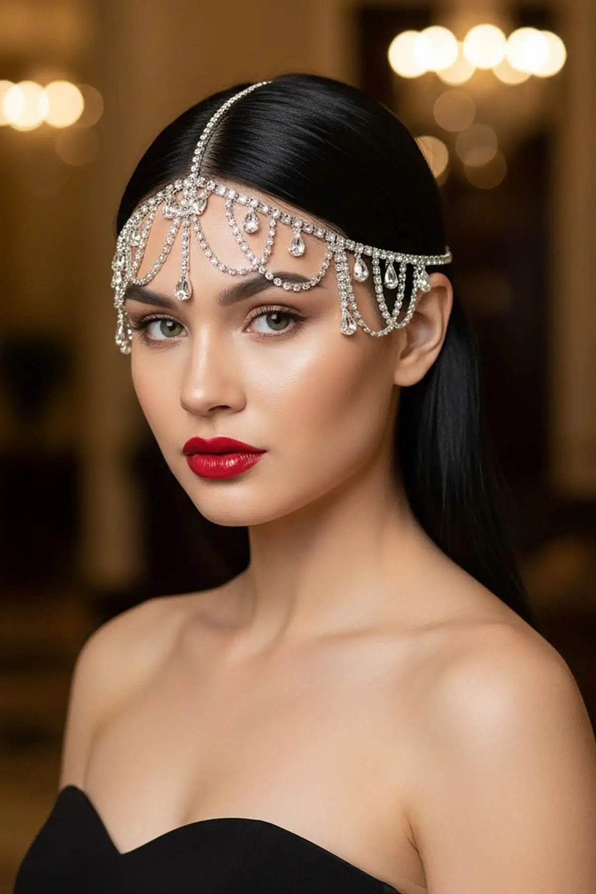 Gümüş Renk Taş Detaylı  Alınlık/Kına Aksesuarı