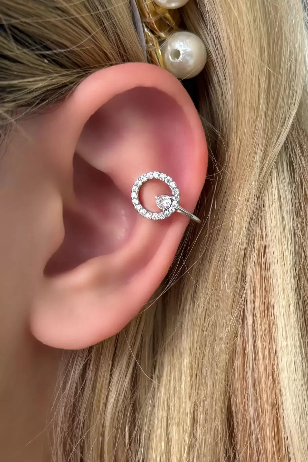 Gümüş Renk Taş Detaylı Çelik Ear Cuff (Tek)