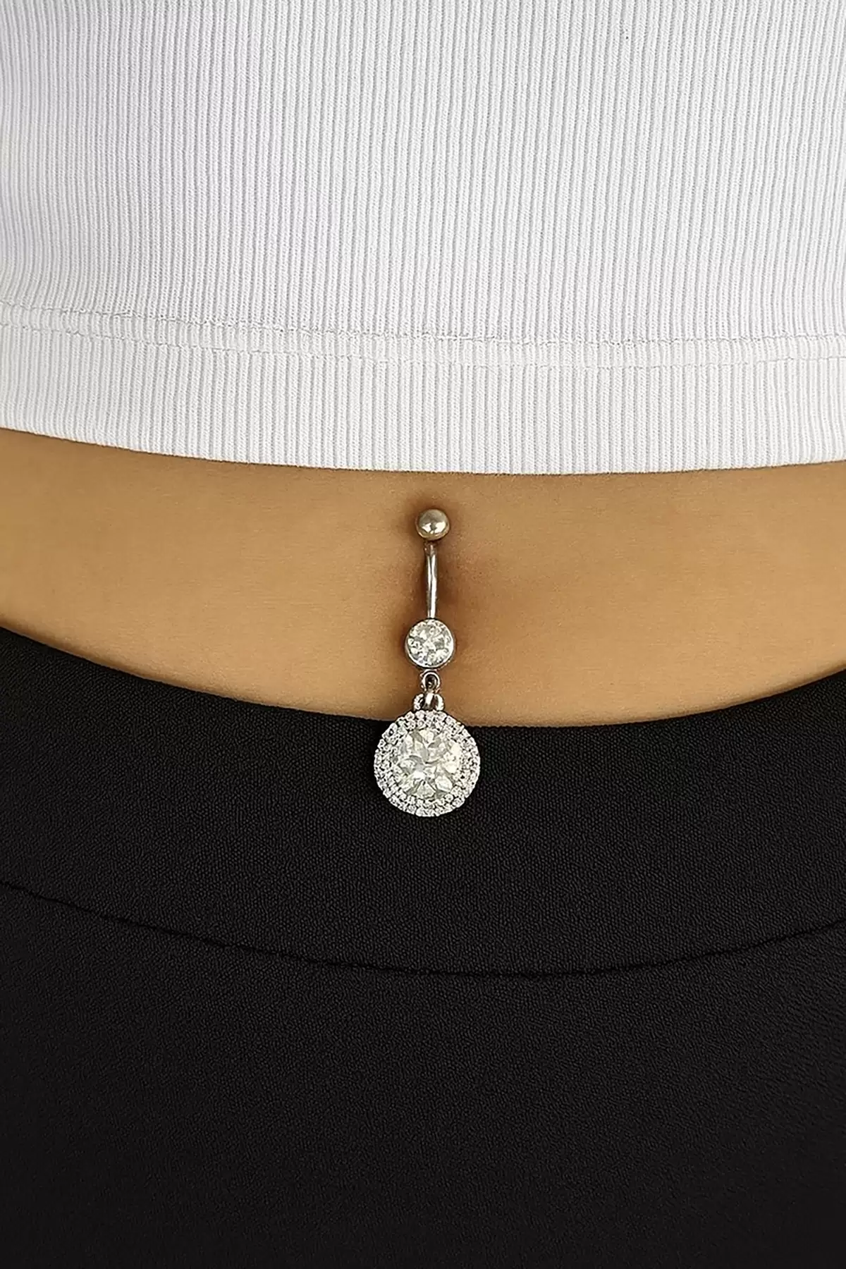 Gümüş Renk Taş Detaylı Cerrahi Çelik Göbek Piercing
