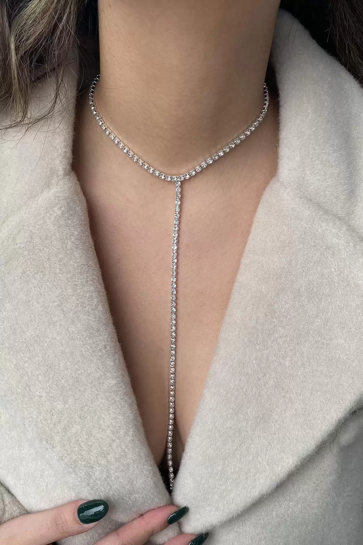 Gümüş Renk Taş Detaylı Choker Kolye/ Vücut Aksesuarı