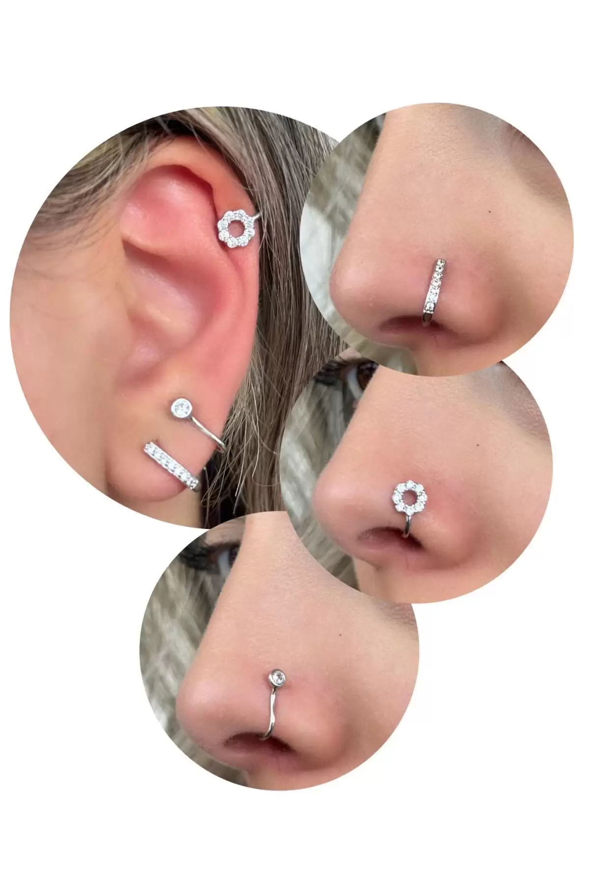 Gümüş Renk Taş Detaylı Deliksiz Kulak/ Burun 3lü Piercing Set