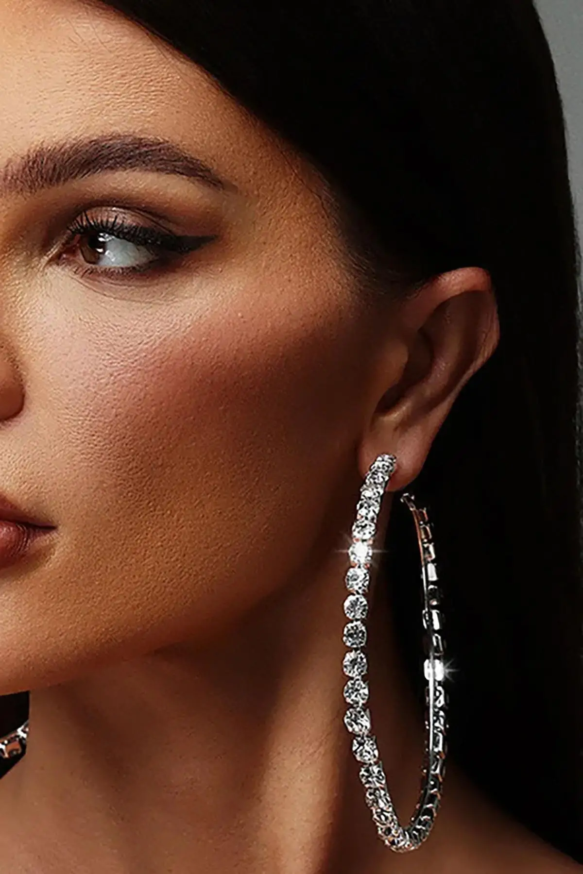 Gümüş Renk Taş Detaylı Halka Küpe 120Mm (Çift)