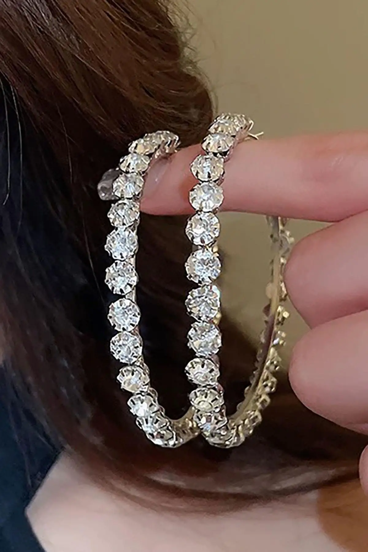 Gümüş Renk Taş Detaylı Halka Küpe 75Mm (Çift)