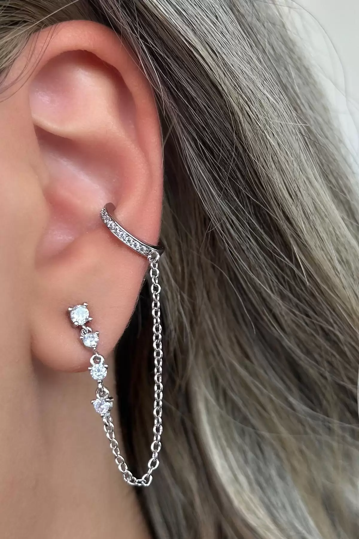 Gümüş Renk Taş Detaylı İkili Ear Cuff Küpe Set