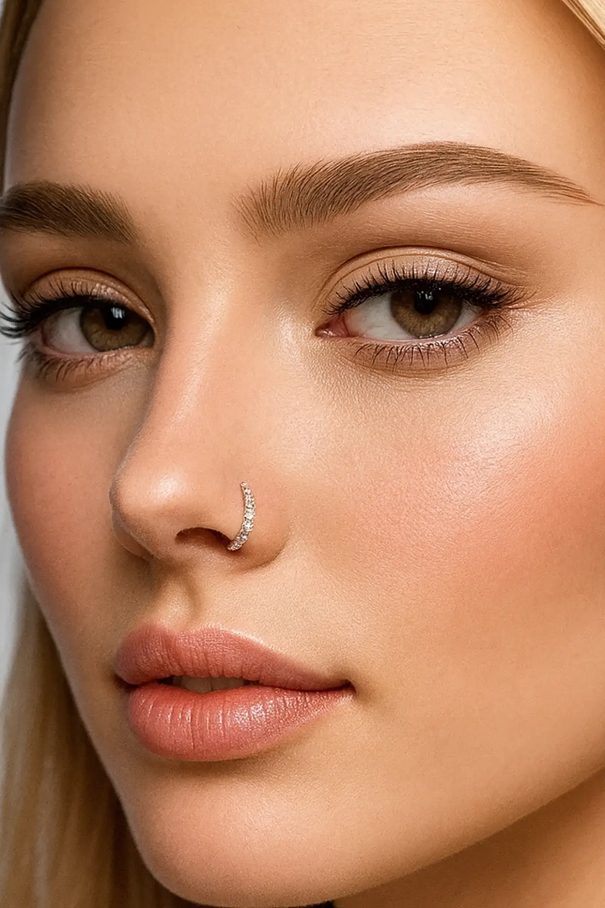 Gümüş Renk Taş Detaylı Sıkıştırmalı Deliksiz Hızma Cerrahi Çelik Piercing (Tek)
