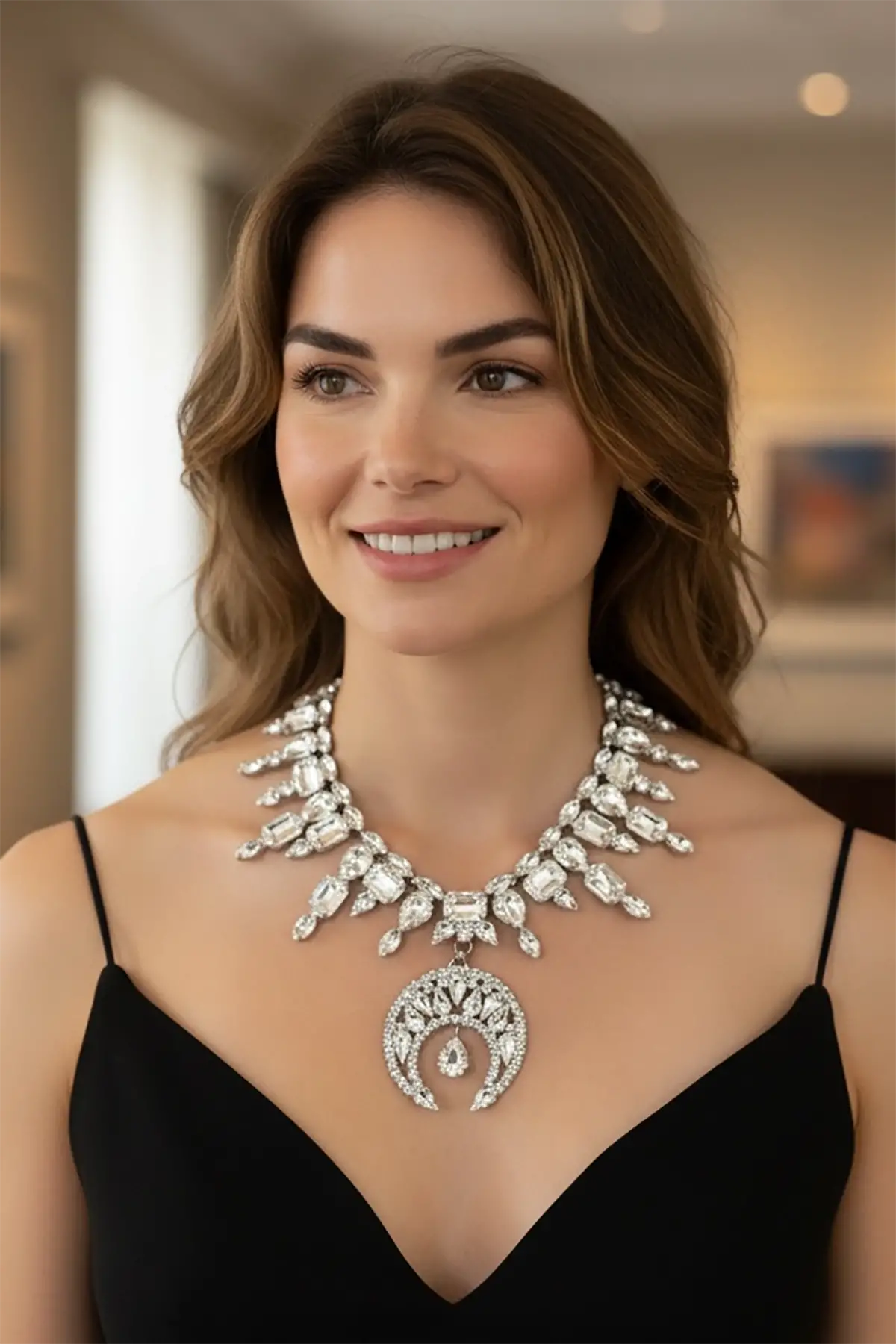 Gümüş Renk Taş Detaylı Tasarım Abiye Kolye