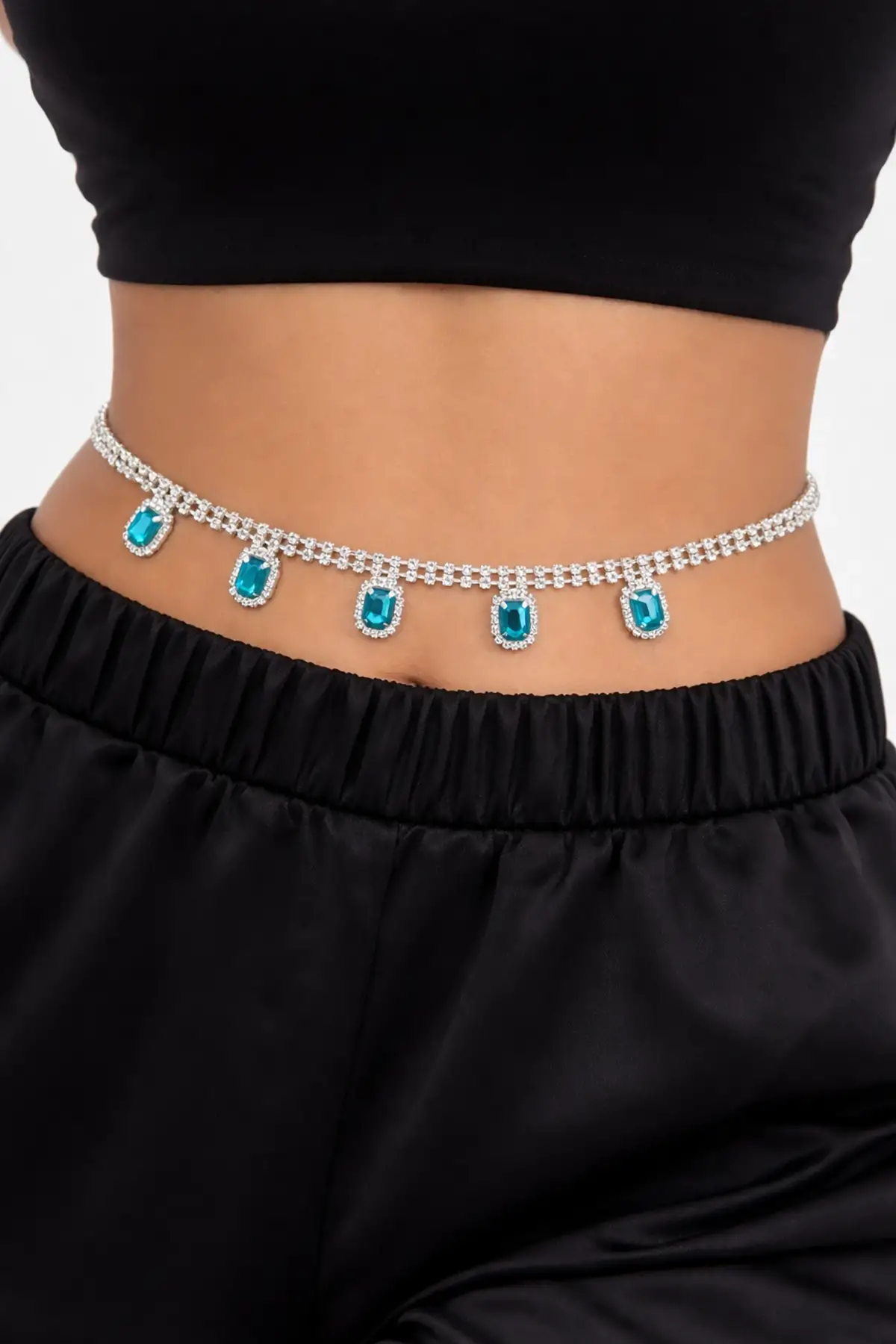 Gümüş Renk Taş Detaylı Tasarım Bel Zinciri/Vücut Aksesuar