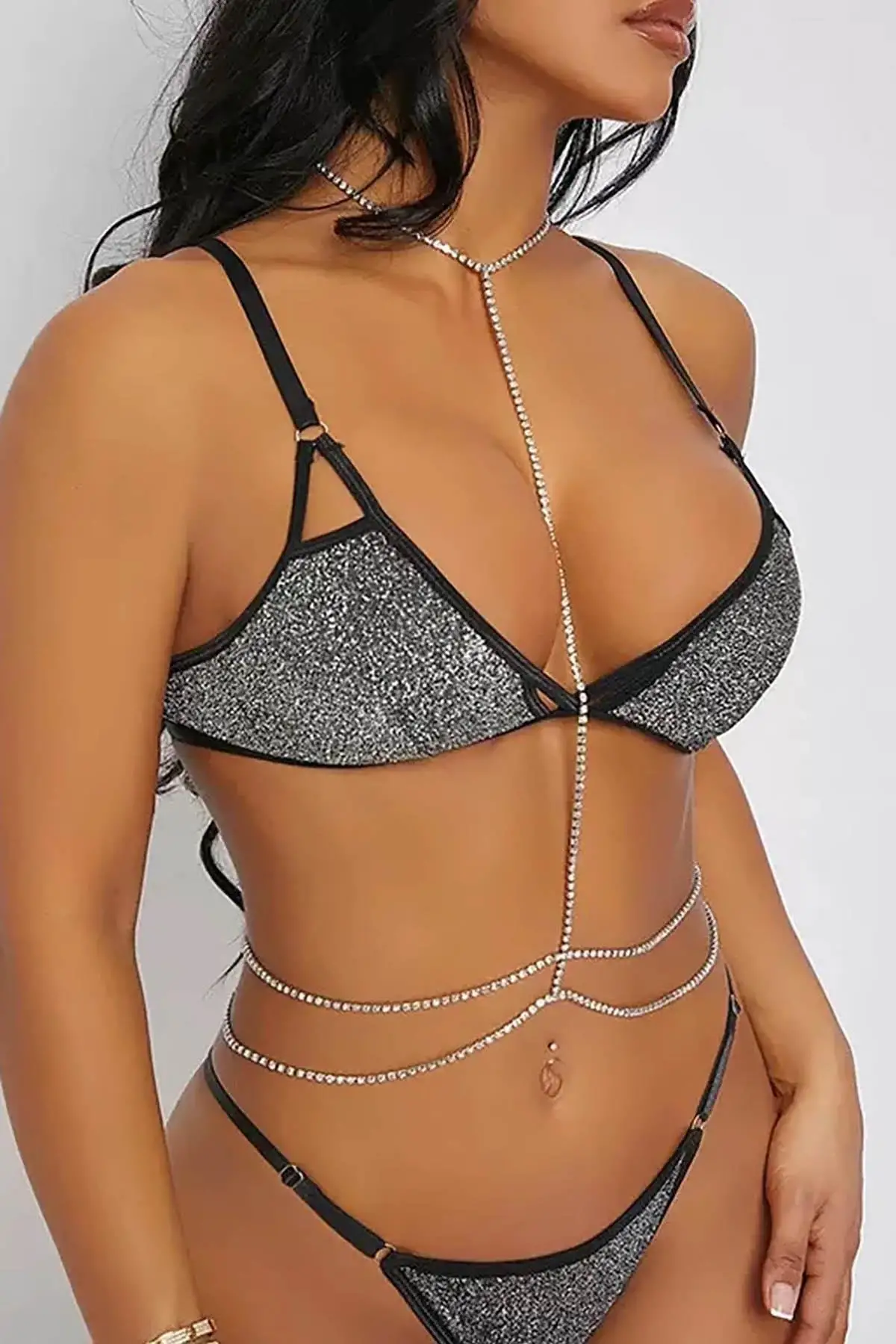 Gümüş Renk Taş Detaylı Tasarım Vücut Aksesuar