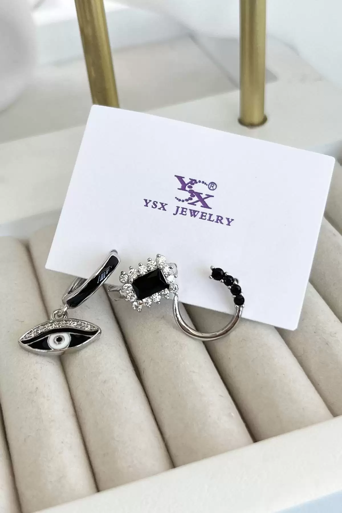Gümüş Renk Taş Detaylı VİP 3lü YSX Küpe Set