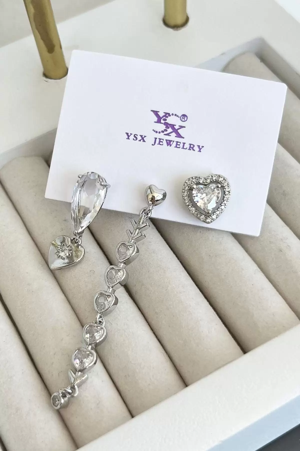 Gümüş Renk Taş Detaylı VİP 3lü YSX Küpe Set