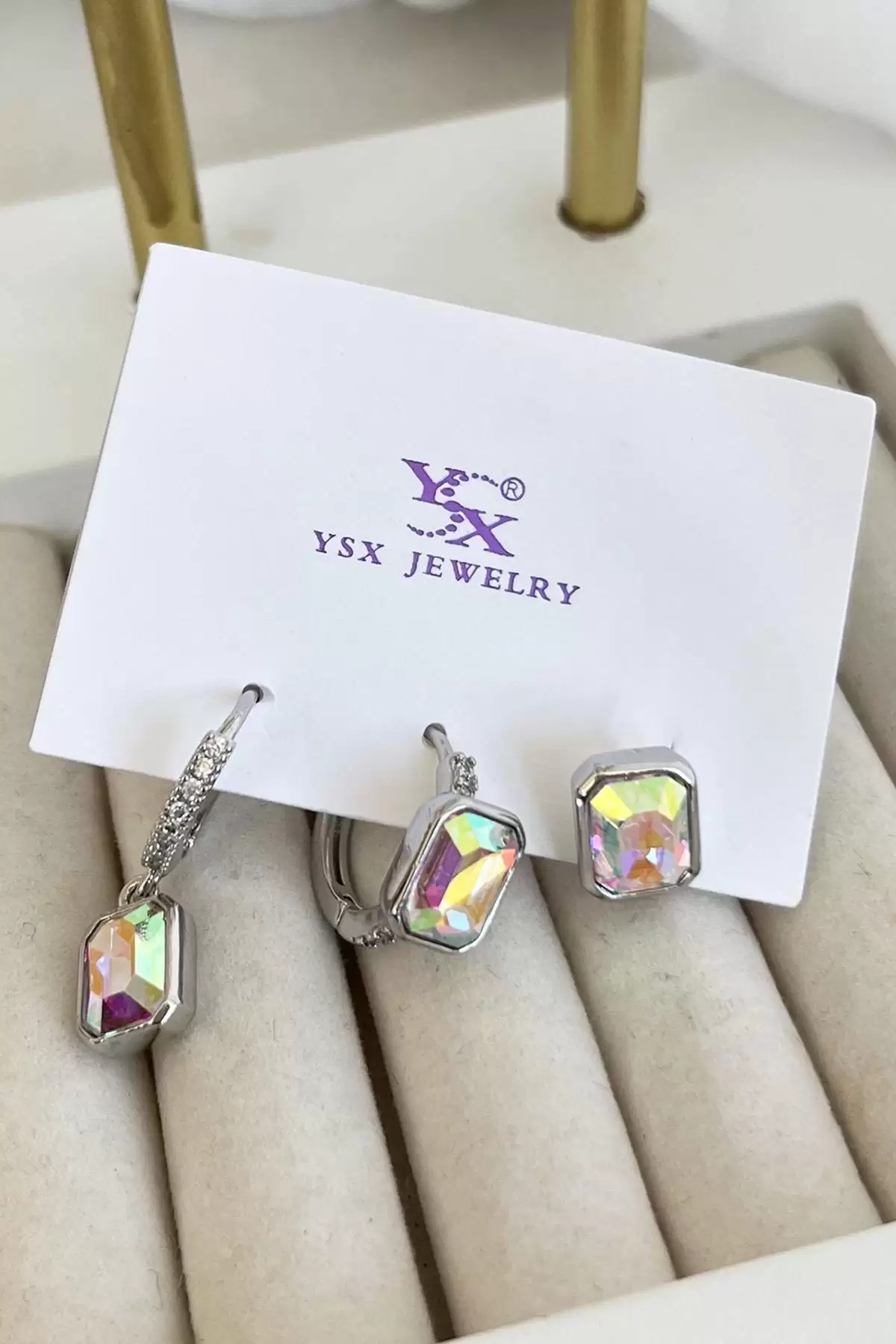 Gümüş Renk Taş Detaylı VİP 3lü YSX Küpe Set