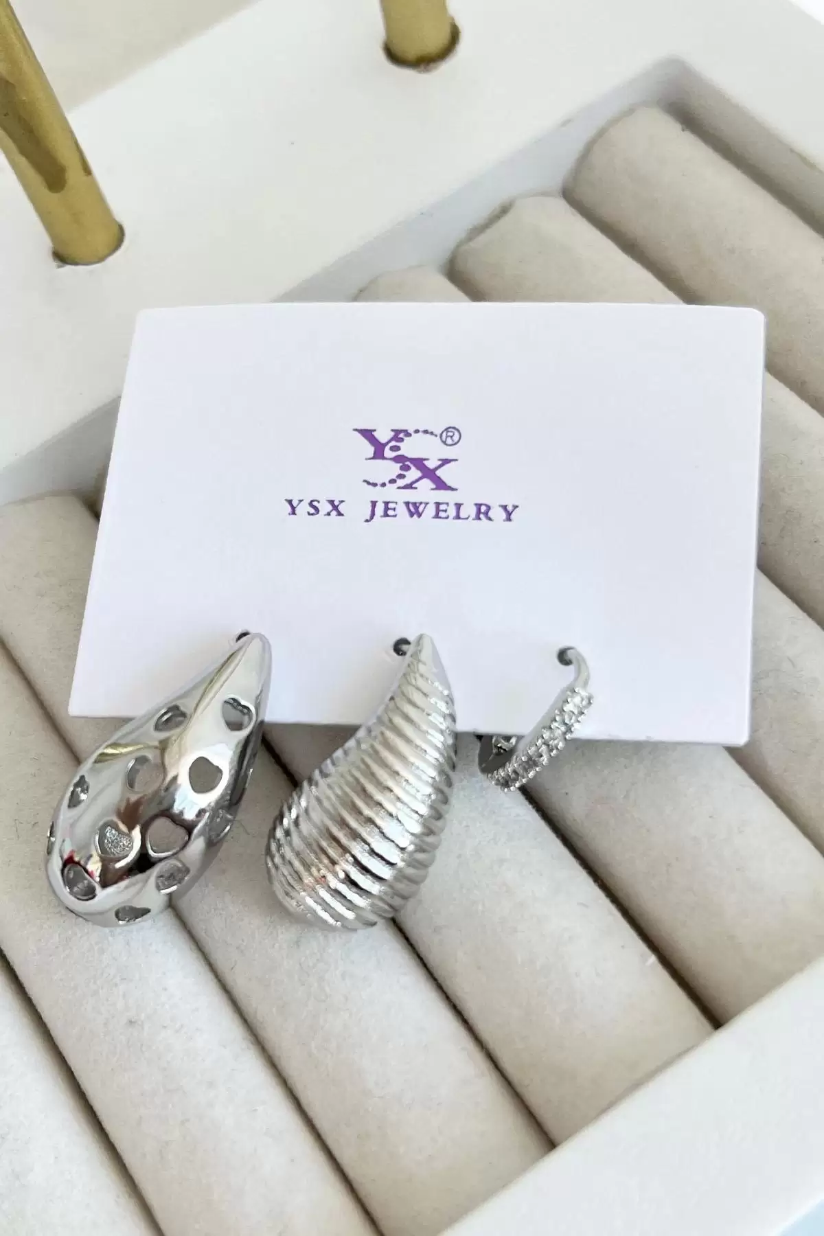 Gümüş Renk Taş Detaylı VİP 3lü YSX Küpe Set