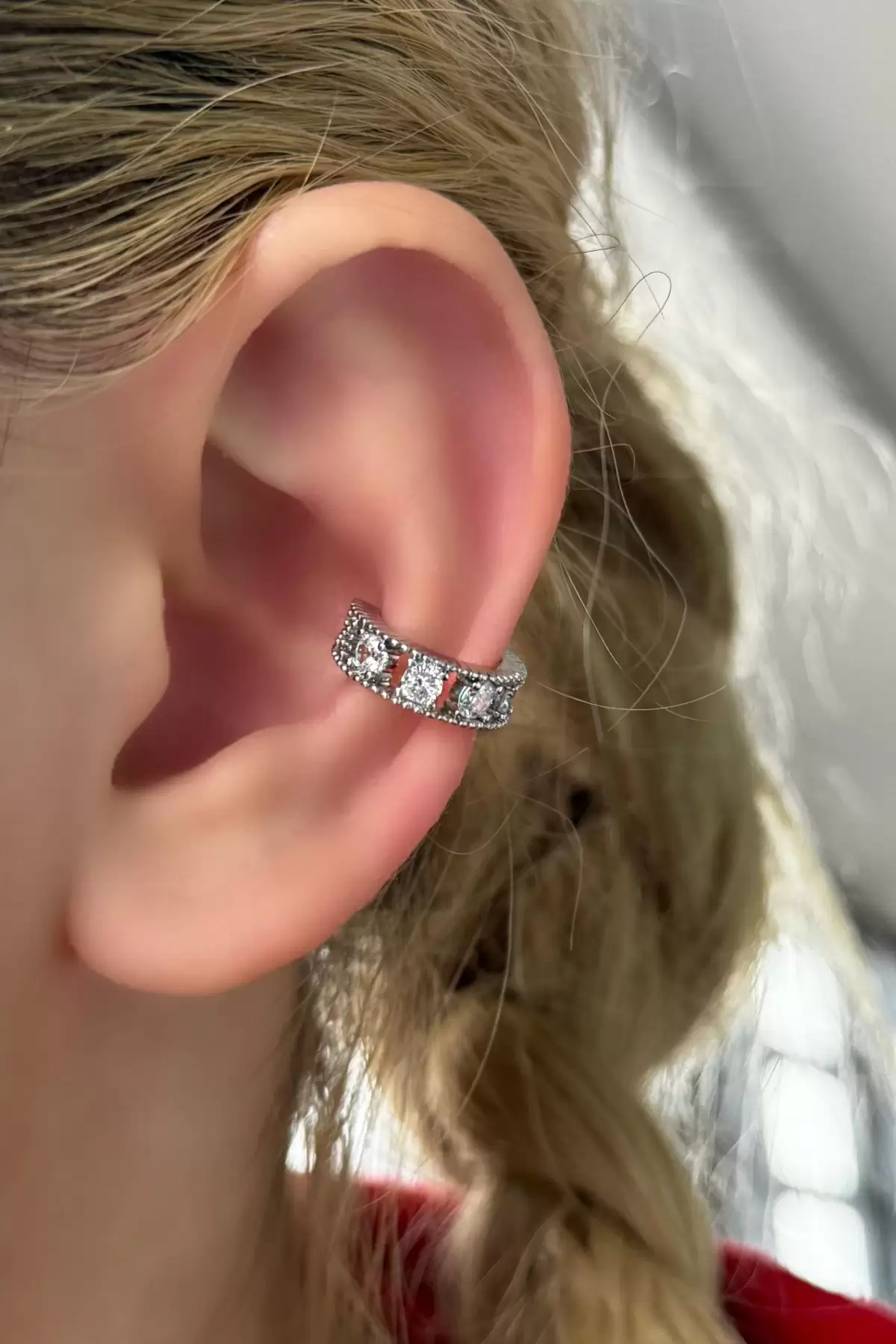 Gümüş Renk Taşlı Çelik Ear Cuff (Tek)