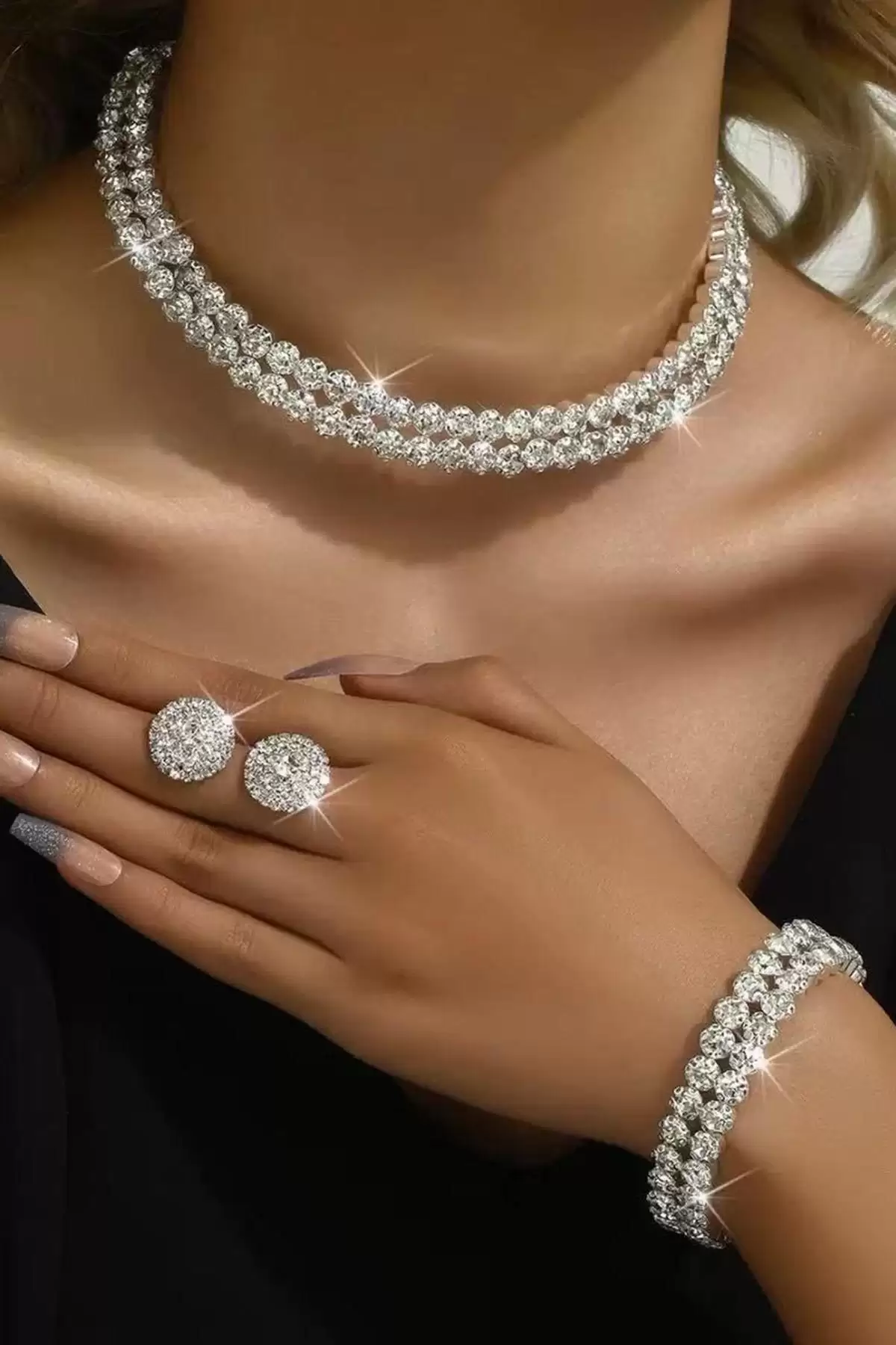 Gümüş Renk Taşlı Küpe/Kolye/Bileklik VİP Set