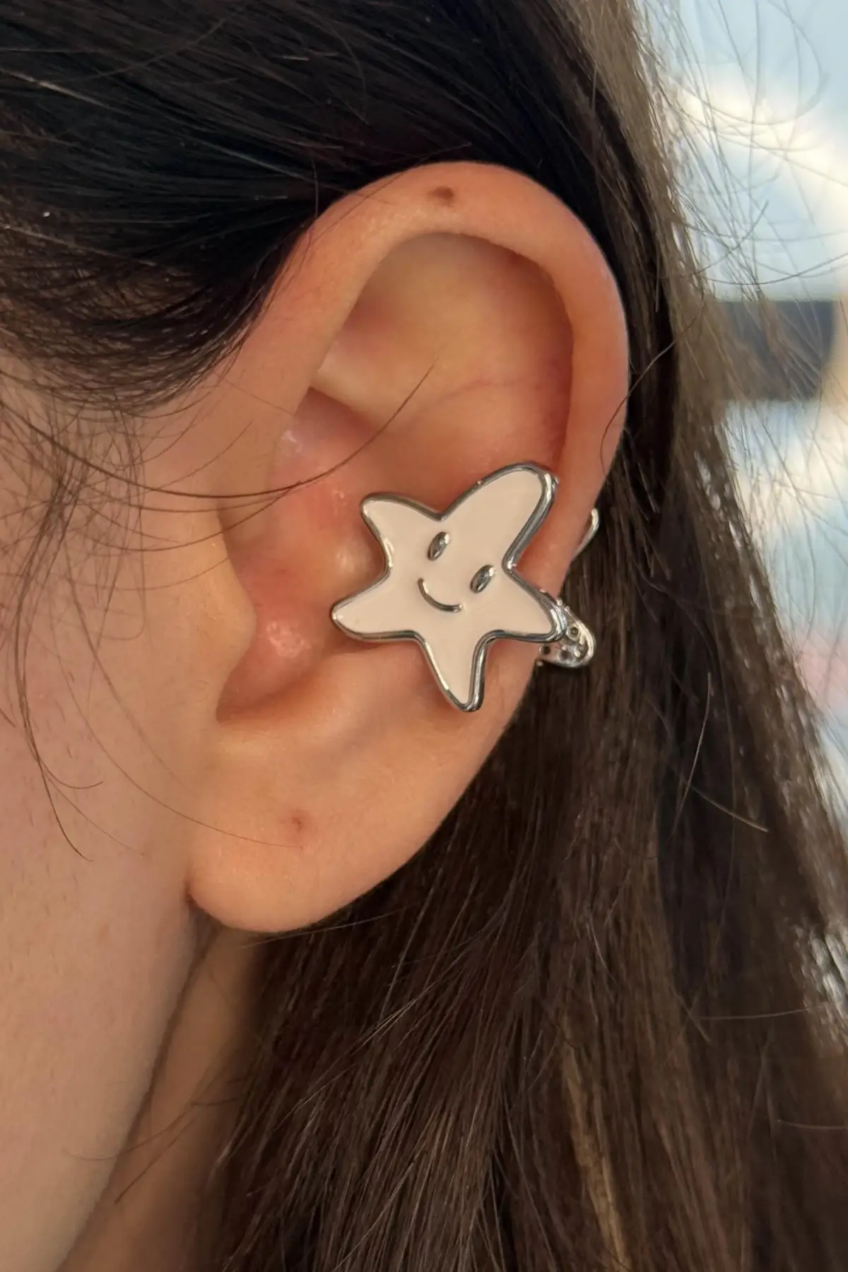 Gümüş Renk Yıldız Figürlü Çift Taraflı 14K Altın Kaplama Ear Cuff (Tek)