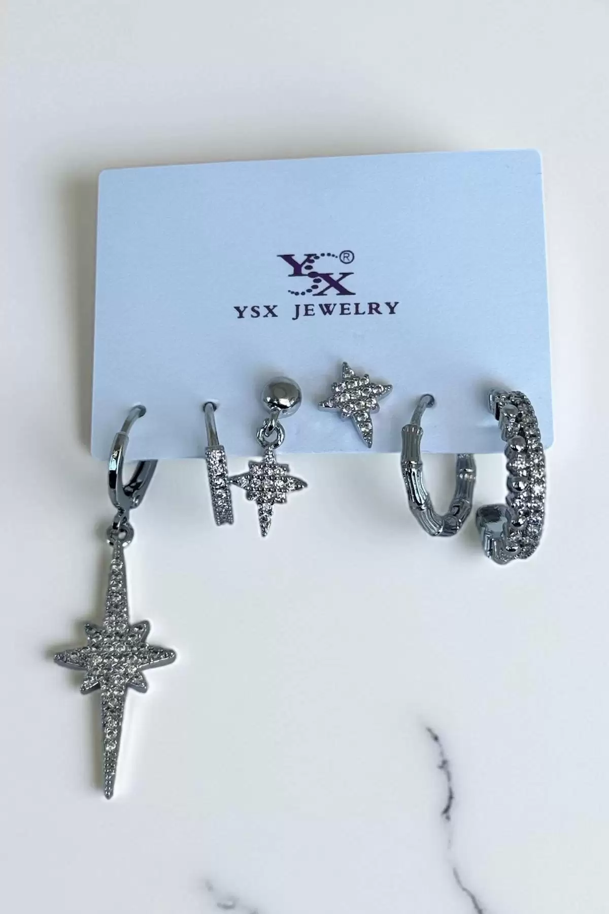 Gümüş Renk Yıldız Figürlü Taş Detaylı 6lı YSX Küpe Set