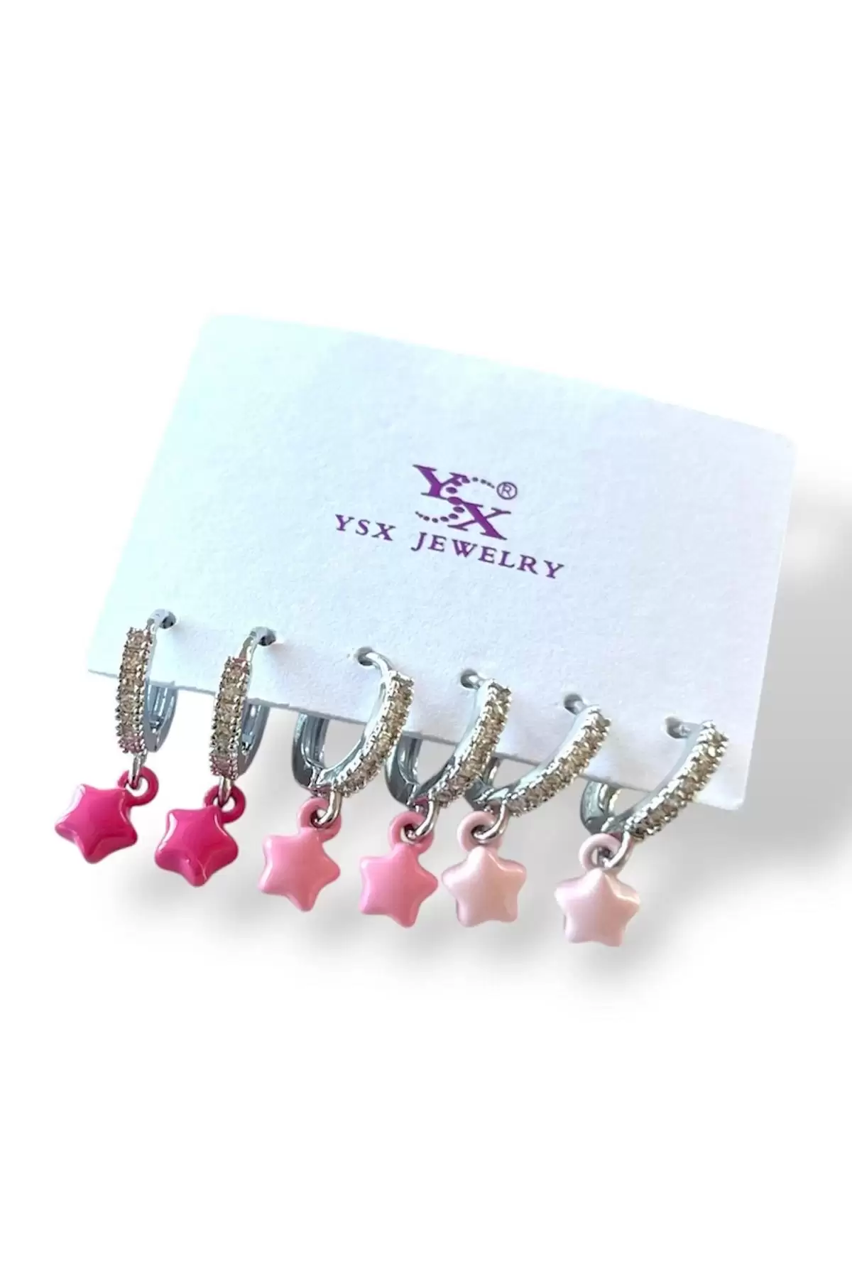 Gümüş Renk Yıldız Figürlü Taş Detaylı 6lı YSX Küpe Set