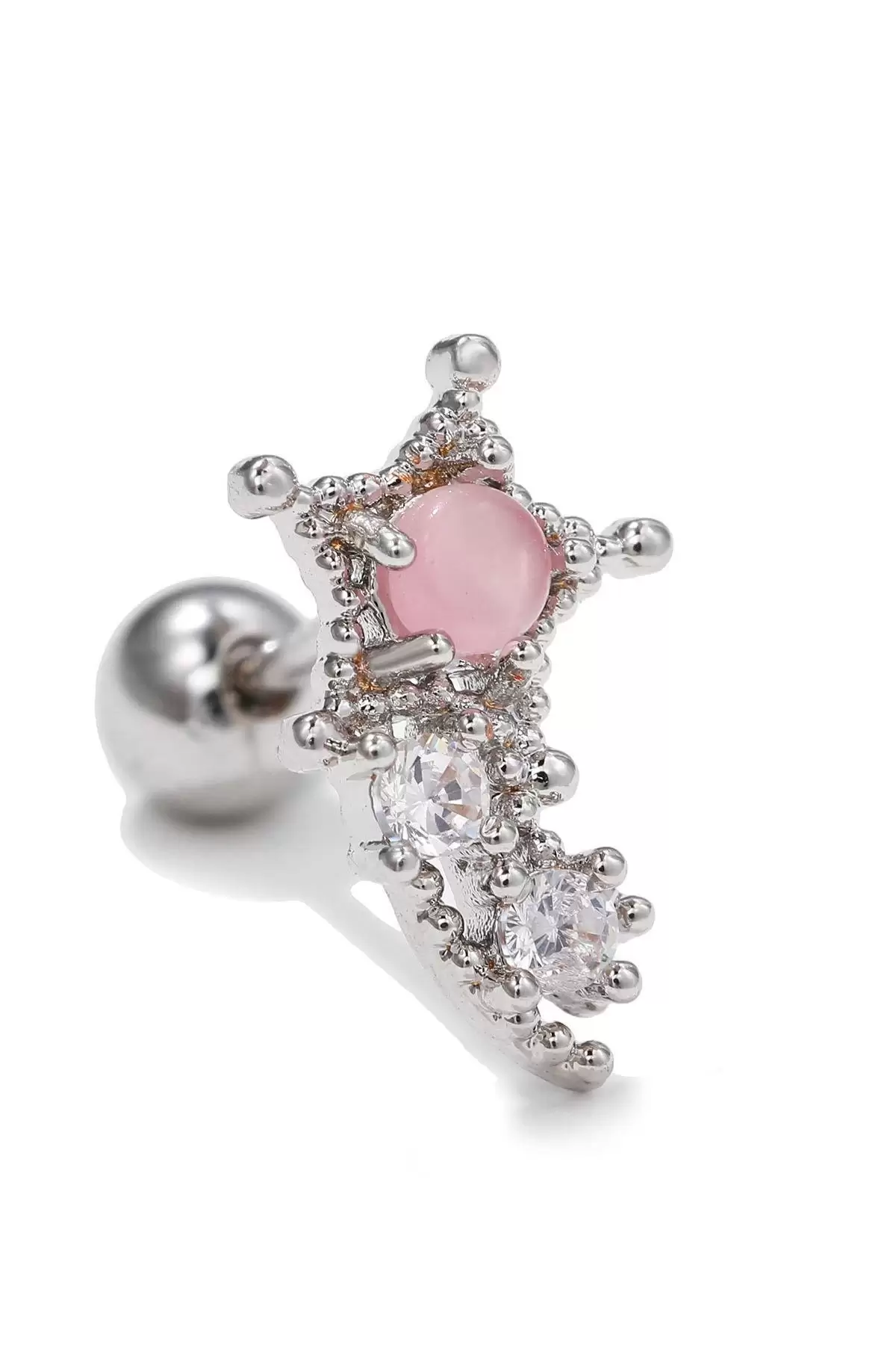 Gümüş Renk Yıldız Figürlü Taş Detaylı Çelik Tragus/Kıkırdak Küpe/Piercing (Tek)