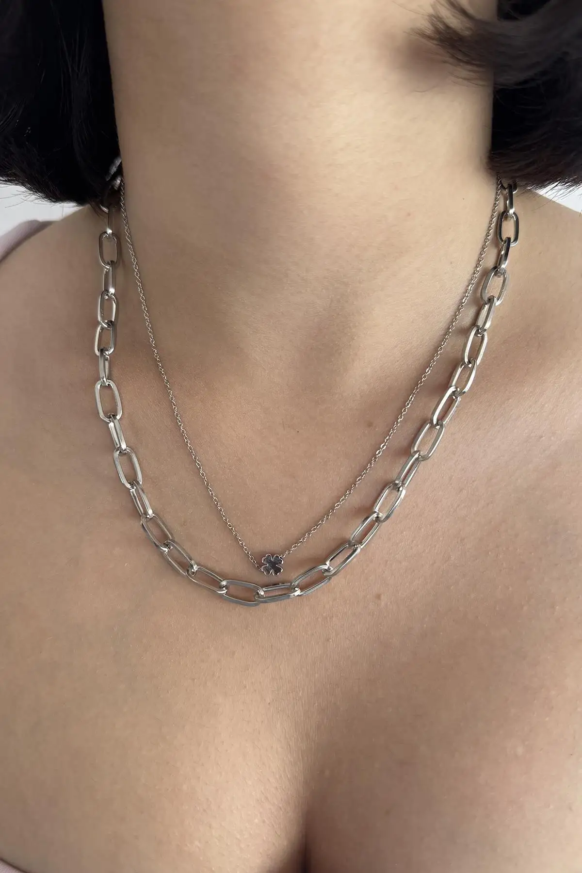 Gümüş Renk Yonca Figürlü İkili Kolye